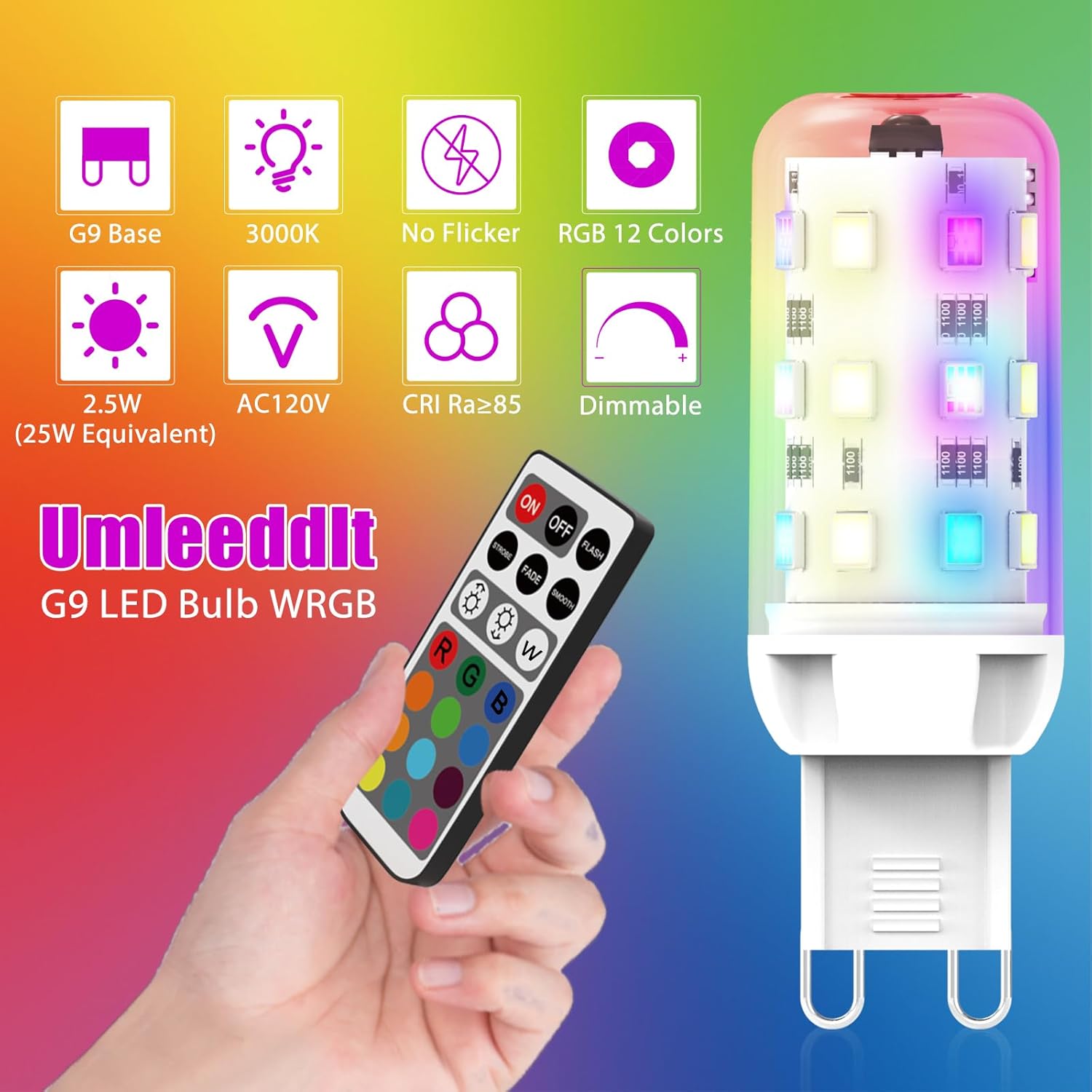 G9 RGB LED Bulb Color Changing with Remote,21-Key IR Control for 16 Million Colors & Dimmable White Light (3000K-6000K),1.4W Low Energy,AC 120V,Memory & 4 Modes for Party,Christmas,Home Decor(2 Pack)