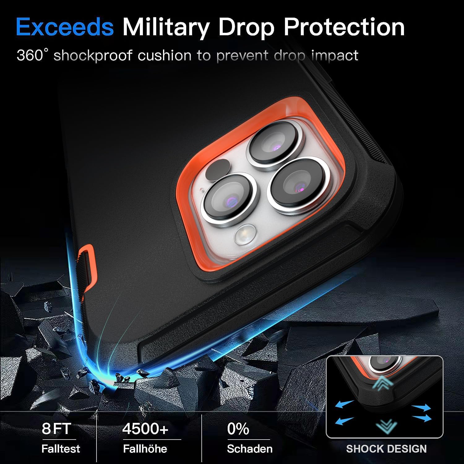 for iPhone 14 Pro Max Case 6.7" Belt-Clip Kickstand Holster with 2 Screen Protector + 2 Camera Lens Protector,Full Body Heavy Duty Military Grade Drop Protection Cover (Black Orange+Clip) - Image 5