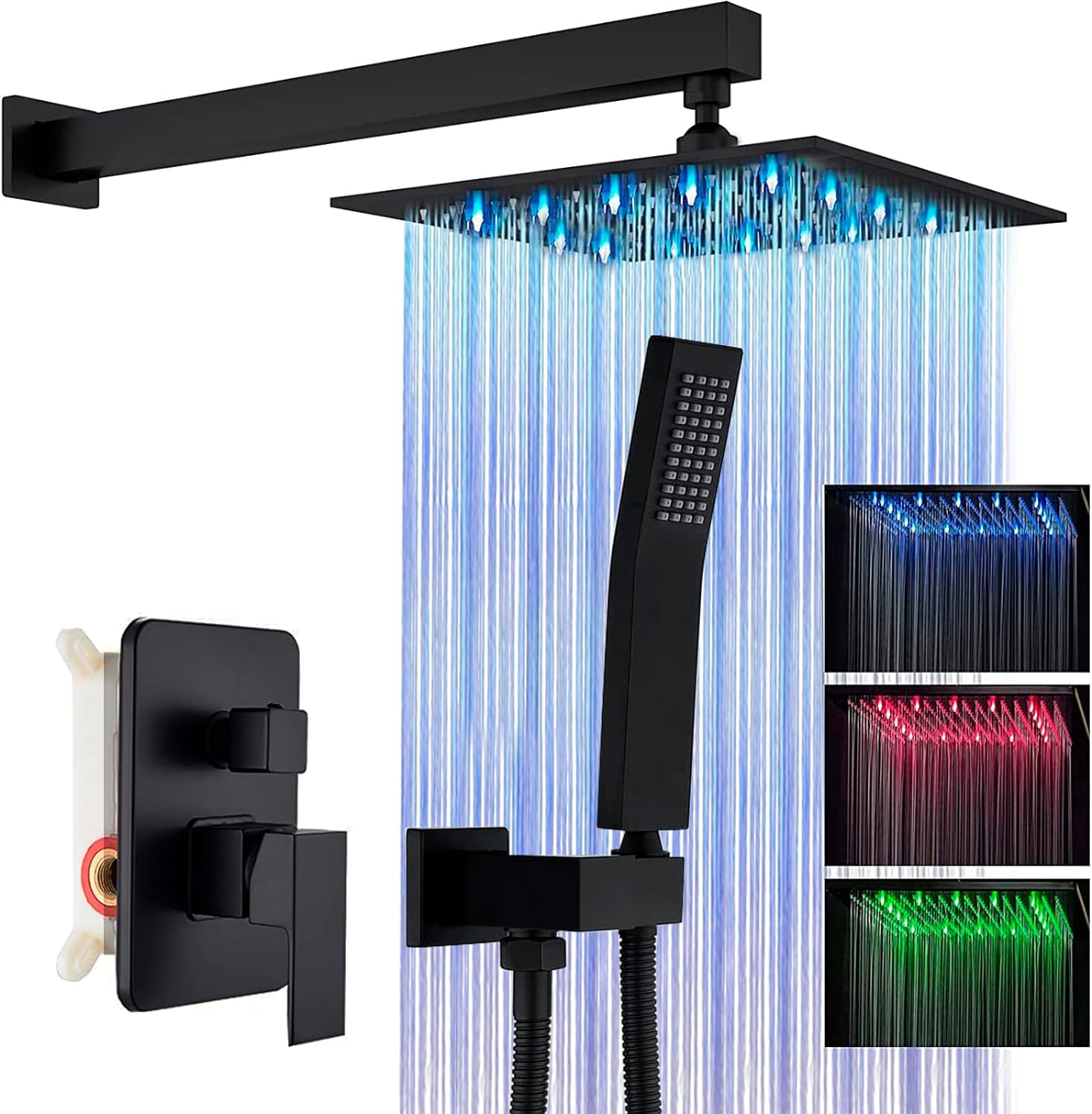Suguword Shower Faucet Set Matte Black Rain Shower System with 12 Inch LED Square Rainfall Shower Head and and Handheld Spray Luxury Bathroom Shower