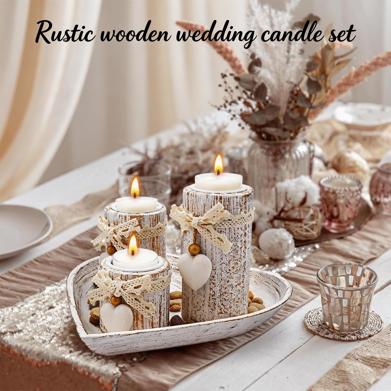 Set di 3 vassoi e portacandele in legno, a forma di cuore, per Natale, matrimonio e tavolo da pranzo