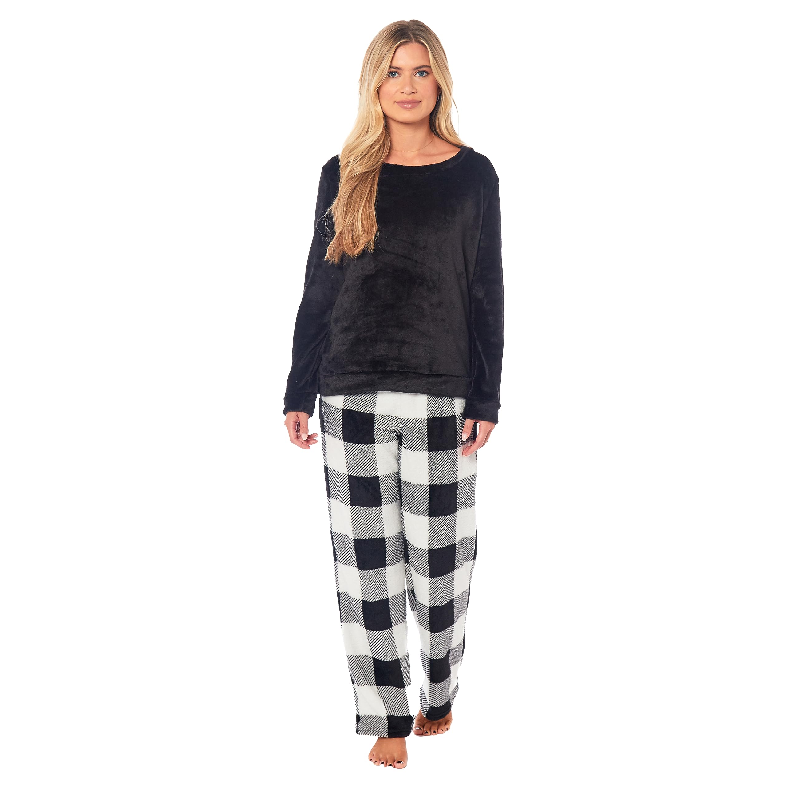 Daisy Dreamer Womens Buffalo Check Fleece Pyjamas Set Long Sleeve Top & Pajama Bottoms Soft Nightwear Loungewear Warm Pjs Sets, Black Large