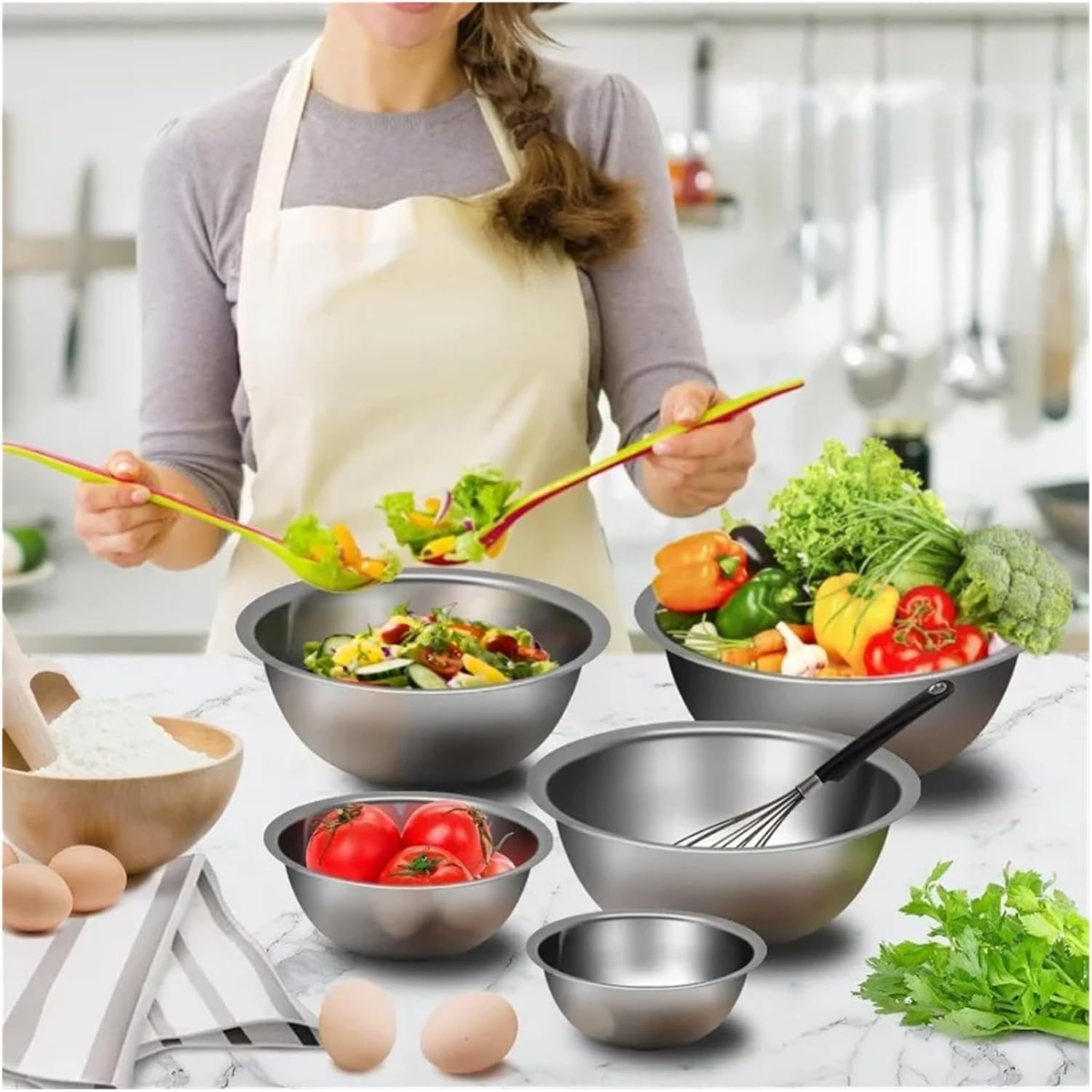 Mixing Bowl Set of 5, Stainless Steel Mixing Bowls, Nesting Whisking Bowl Set for Cooking, Baking, Serving, Food/Salad Prep for Serving
