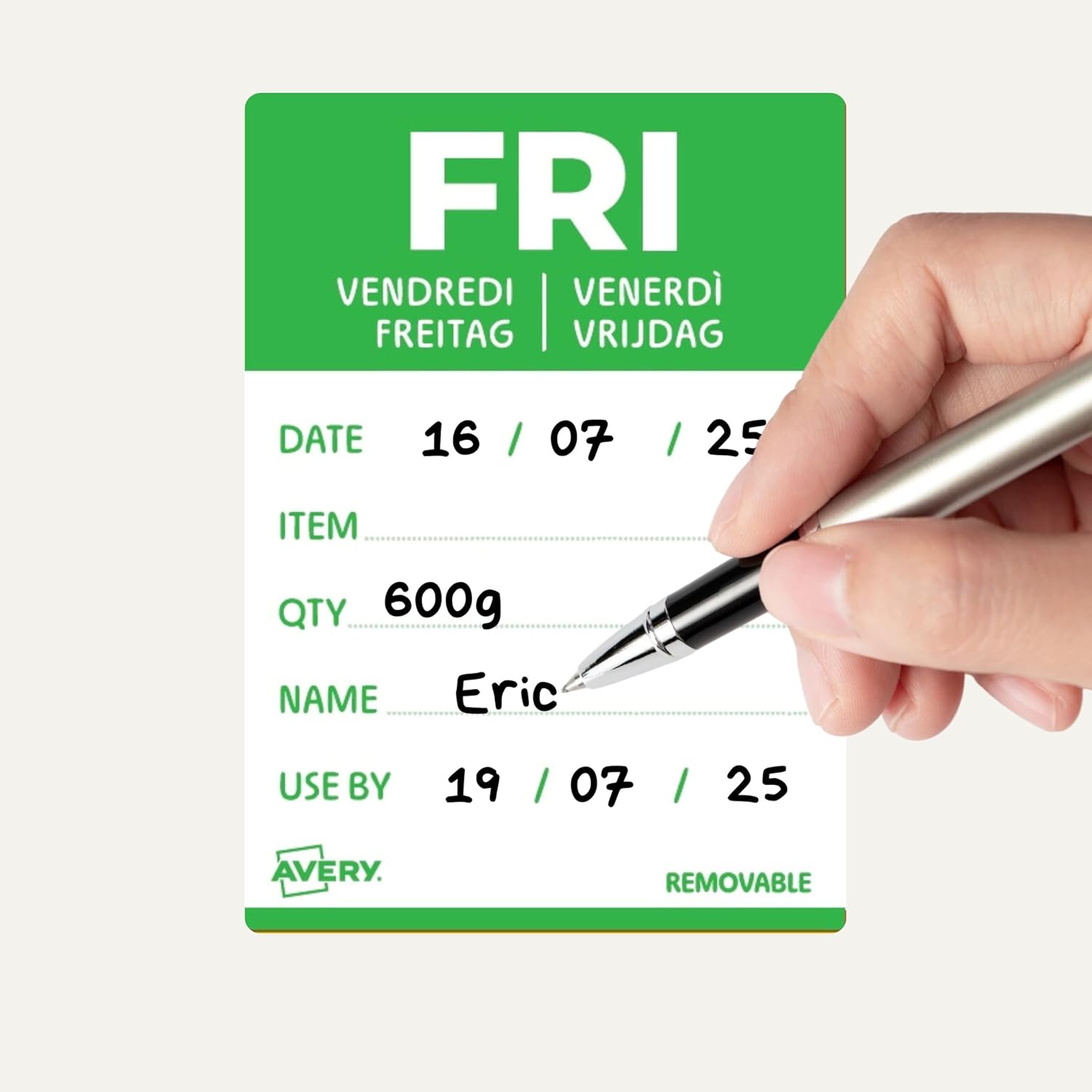 Avery Removable, Hand Writable, Detailed Food Day Labels, Strong Adhesive, 40 x 56 mm, Friday, Green, 500 Labels, Preprinted Design (DLDFRIREV-500)