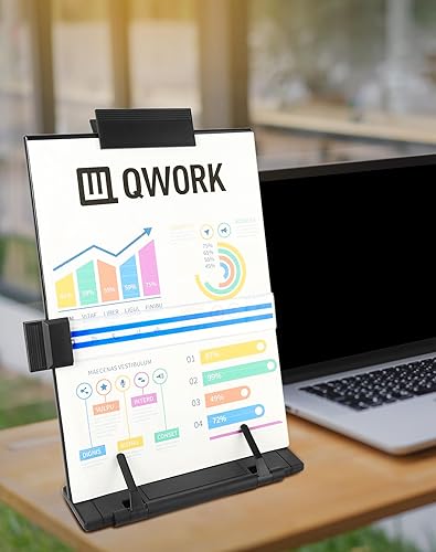 Miniatura 4 de QWORK Soporte para libros de documentos de escritorio, paquete de 2 soportes para papel de copia con 7 posiciones ajustables, clips y guía de