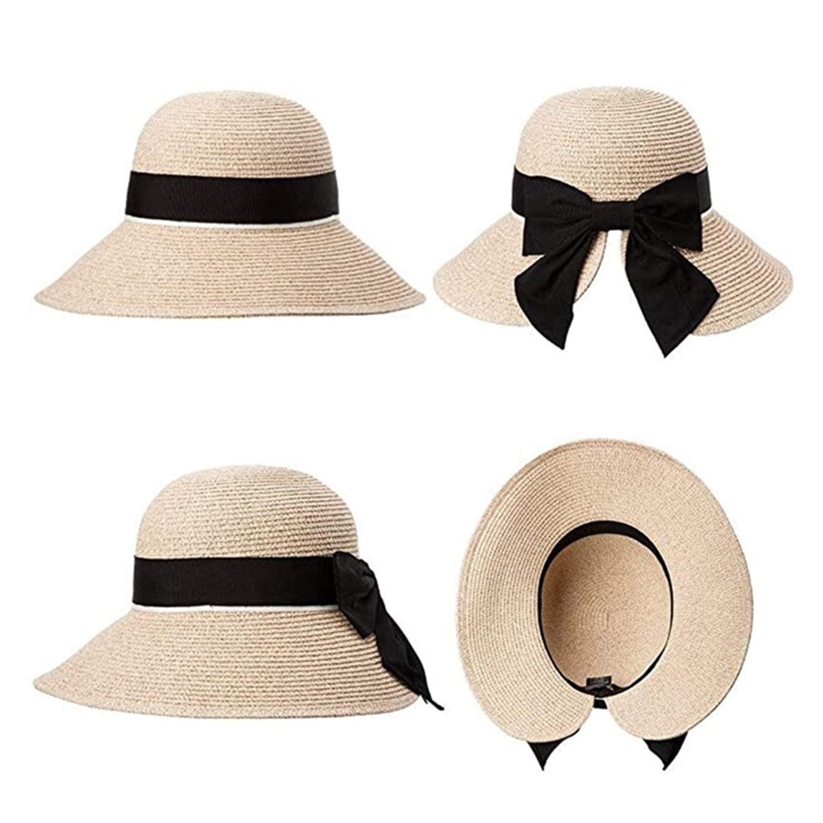 HNGM Strohoed Dames zomer hoed nieuwe grote rand stro hoed vrouwen zomer hoed strand hoed platte zon hoed stro hoed zomer vrouwen hoed (Color : White lace Black, Size : 17cm