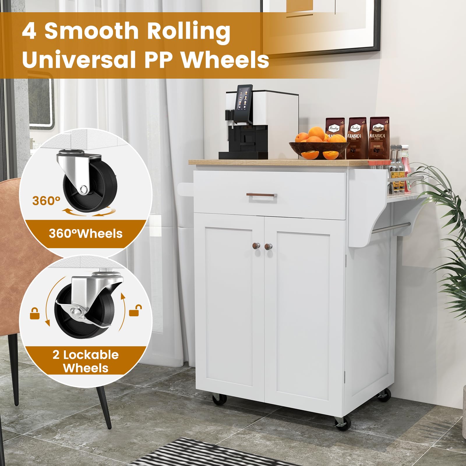 GIANTEX Carrello da cucina con piano di lavoro, carrello da portata con ruote, armadio da cucina con cassetto e ripiano regolabile, carrello da cucina con portasciugamani, mobile da cucina, in legno