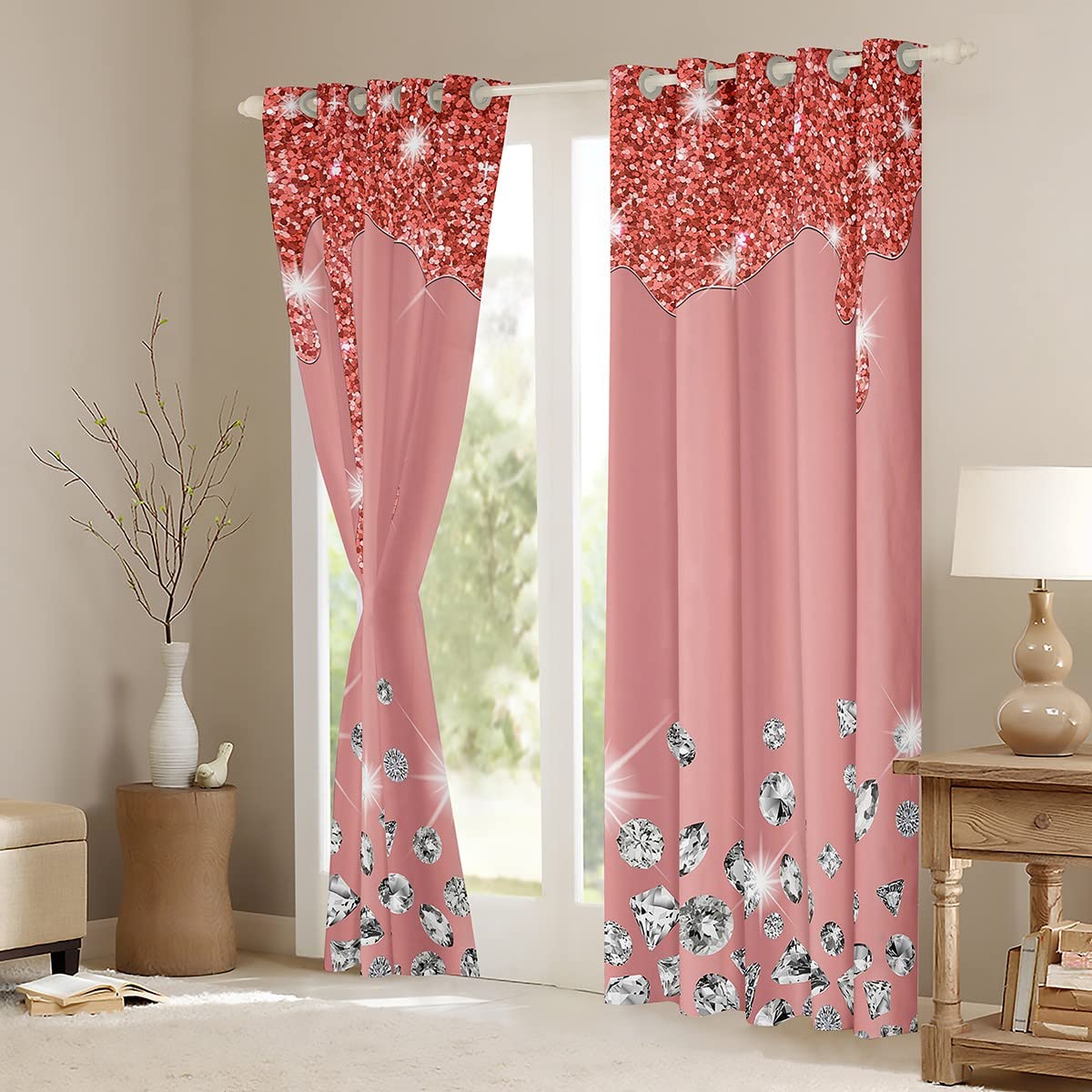 Rideaux occultants à strass pour chambre à coucher, rideaux occultants rose jade (30 % à 50 %) - 132 x 228 cm