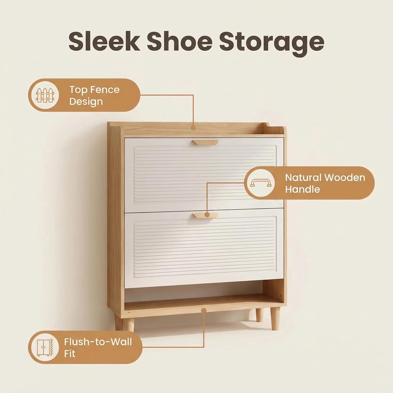 31.5 Inch Nordic Shoe Storage Cabinet with 2 Flip Drawers, Freestanding Hidden Shoe Organizer with Solid Wood Legs, Narrow Slim Shoe Rack for Entryway Hallway Front Door