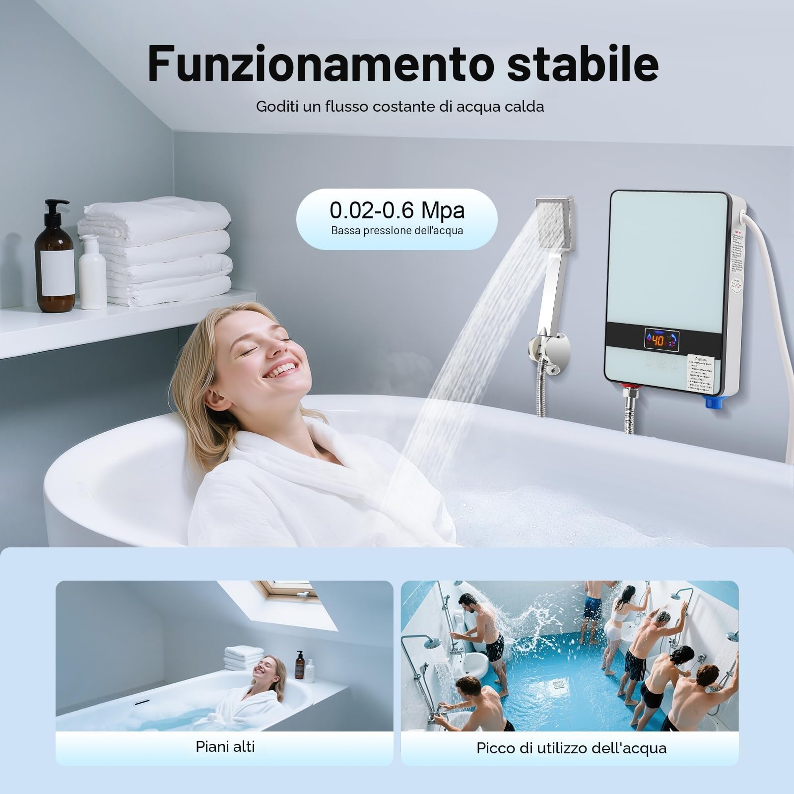 Scaldacqua istantanea doccia, scaldacqua elettrico istantaneo, 6500 W Tankless acqua calda istantanea bagno doccia, bagno scaldabagno elettrico 0-55 ℃, 29 × 19 × 6,5 cm