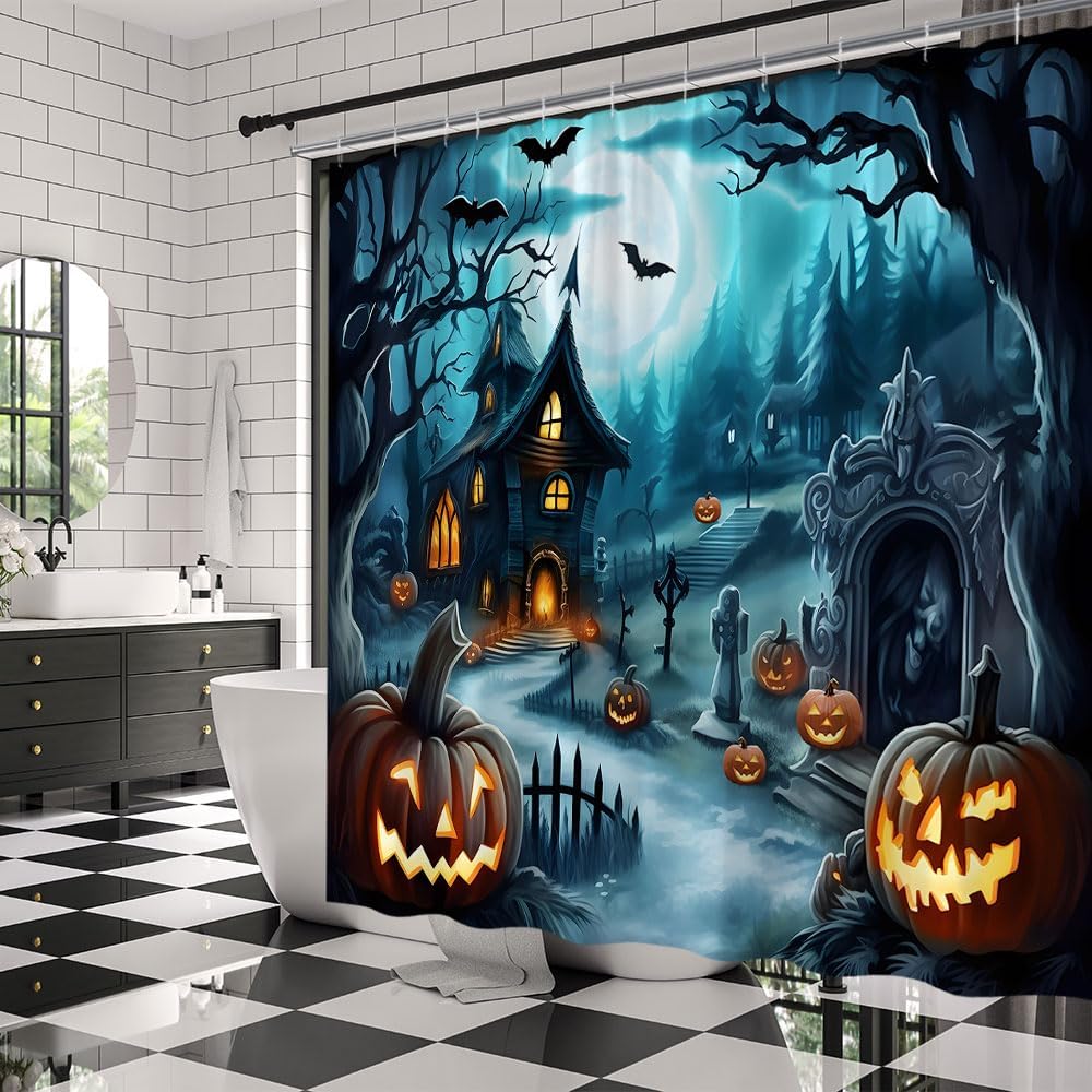Halloween Shower Curtain Scary Night Moon Gothic Haunted House Pumpkin Bat Forest Courtyard Fabric Bathroom Decor Curtains with Hooks,82 x 70