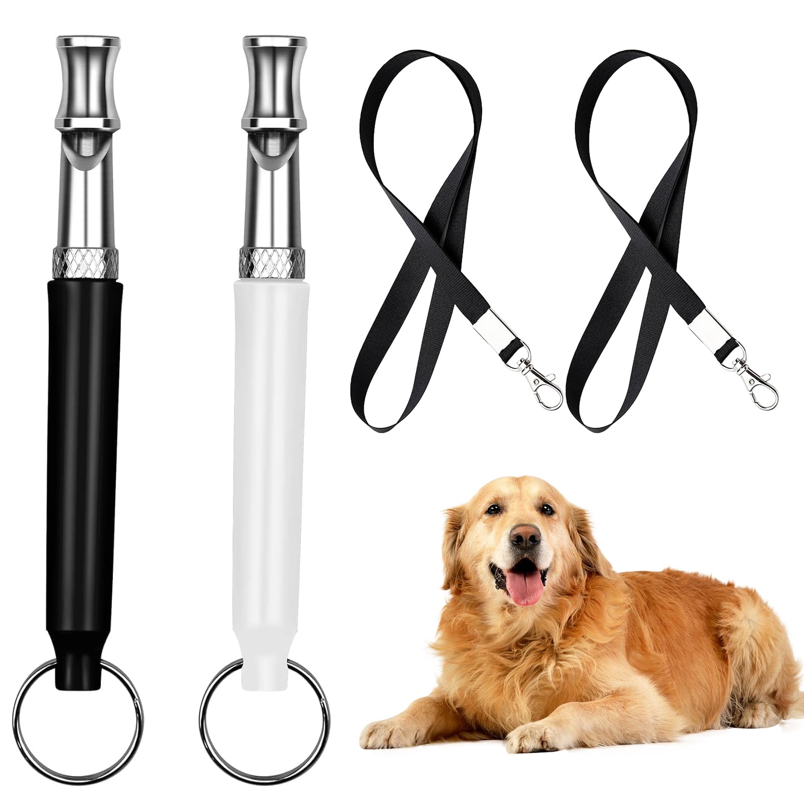 2 Pièces Sifflet Chien, Sifflets Ultrason Chien, Anti Aboiement Sifflet Dressage pour Le Rappel avec LanièRes, Silencieux, Fréquence Réglable pour La Plupart des Chiens (Black +White)