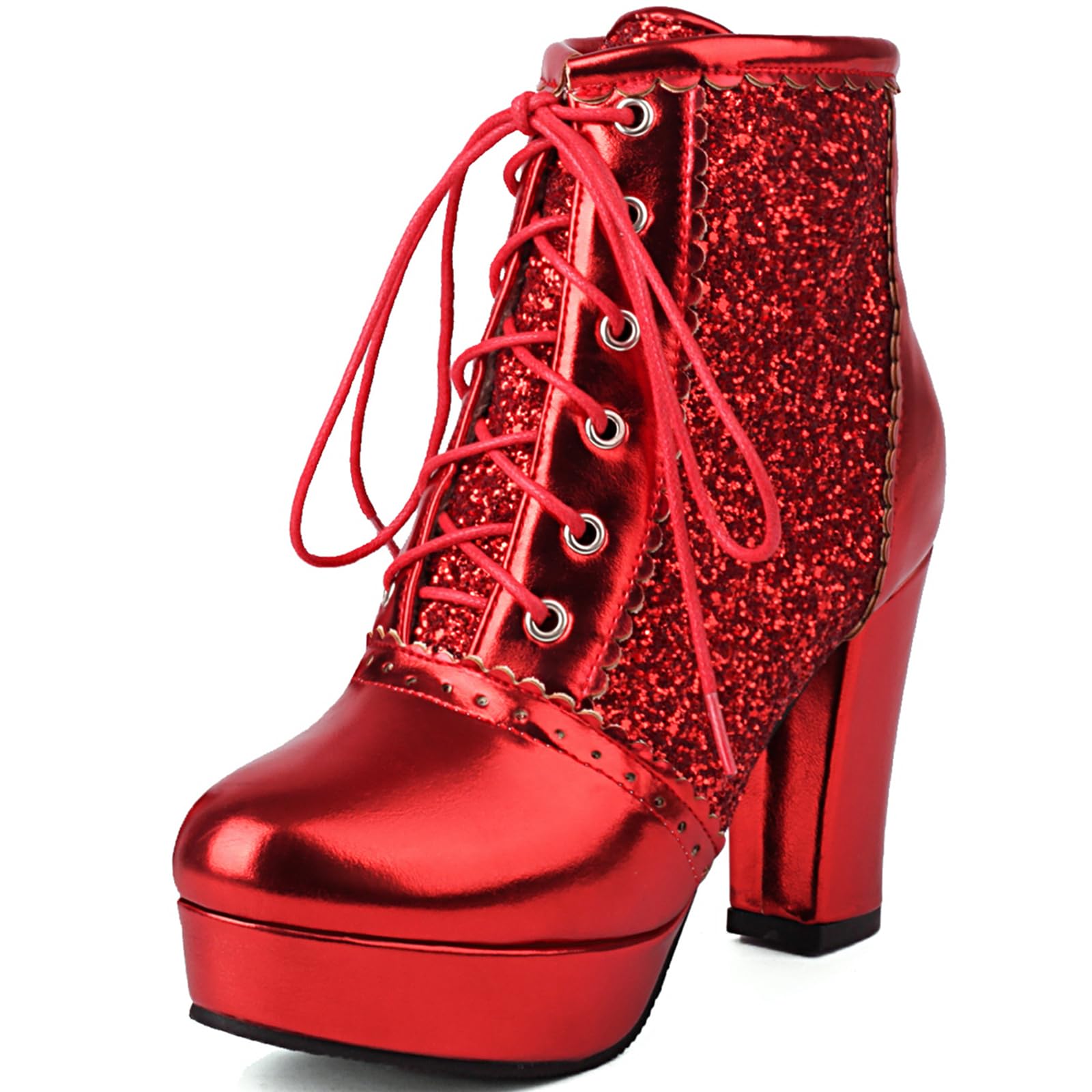 Stiefelette Glitzer | Pailletten & Schnürung Blockabsatz Stiefel für Partys, 9cm Absatz