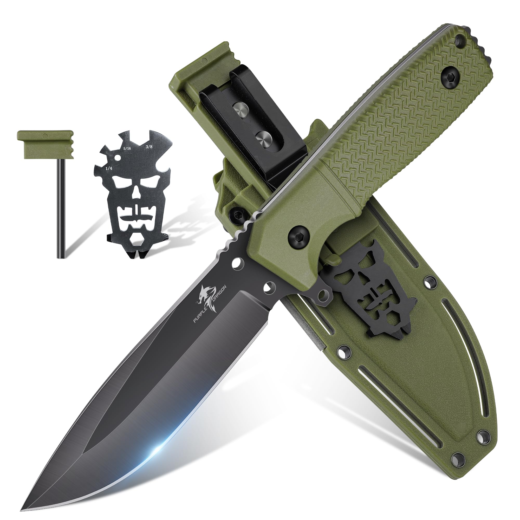Purple Dragon Green Survival Knife with Kydex Sheath, Full Tang Fixed Blade Hunting Knife Made from a Single Piece of D2 Steel, Field Knife for Bushcraft Camping and Hunting, Gifts for Men
