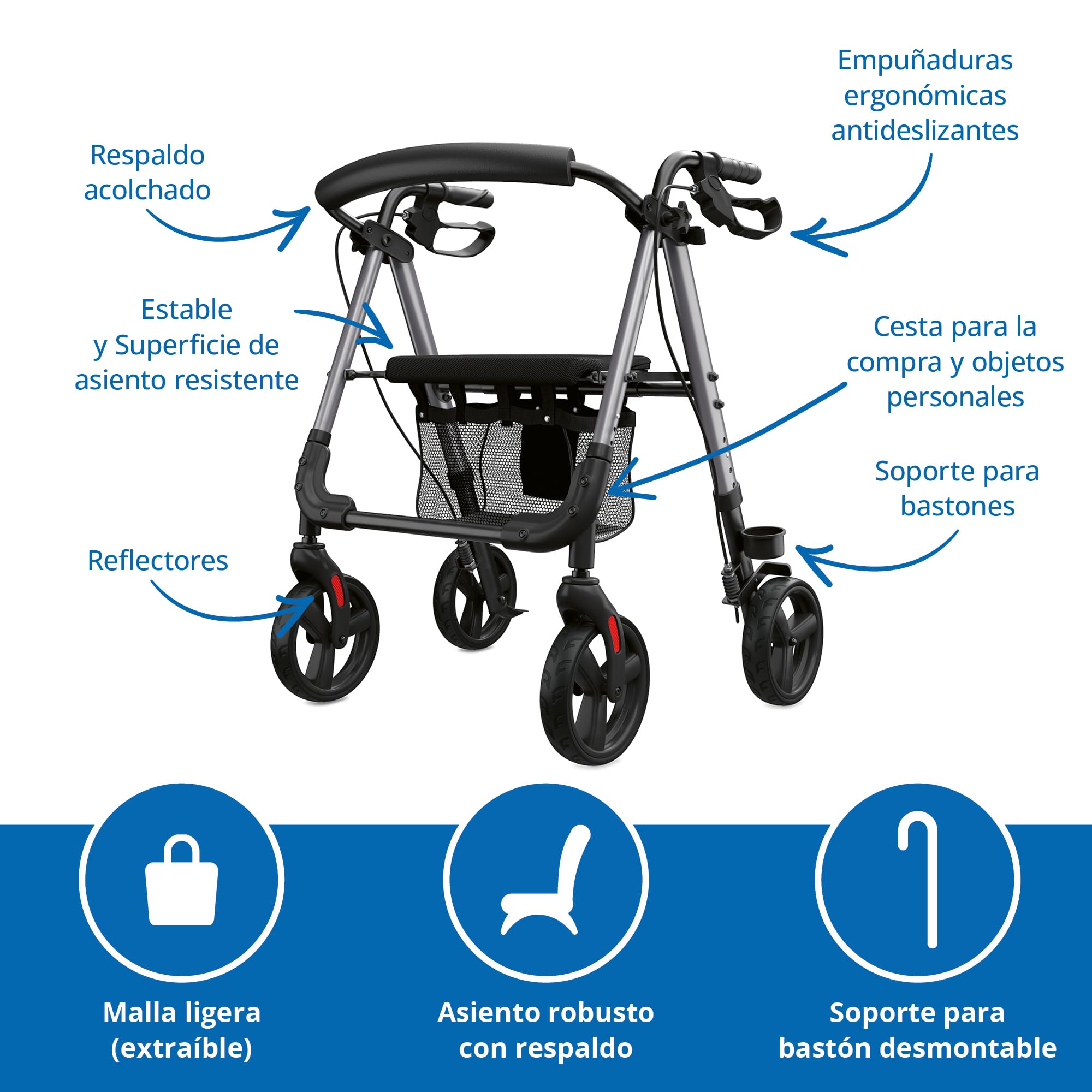 Weinberger Andador de aluminio Basic, plegable, con asiento, peso ligero, 6,2 kg, dispositivo médico clase 1, altura regulable, andador, andador, andador, andador de viaje, 46501