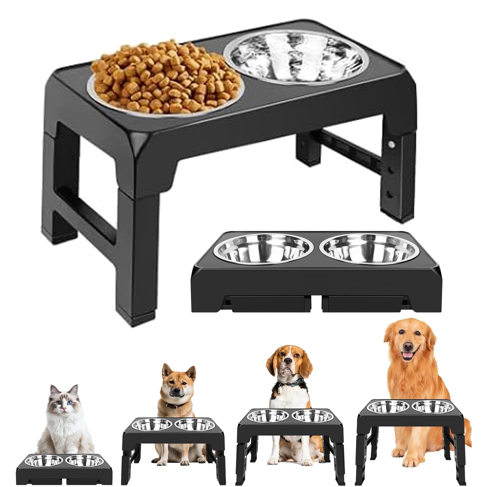 Comedero para perros de altura ajustable, con 2 cuencos de acero inoxidable de 1200 ml, comedero elevado, para perros medianos y grandes, 4 niveles de alimentación regulables, color negro