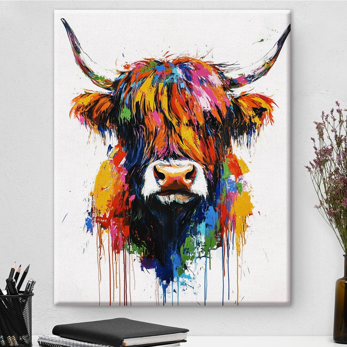 Colorful Highland Cow Wall Art Decor Modern Cow Canvas Print Poster Painting Pictures Animal Artwork Framed for Home Bedroom Bathroom Office Wall Decoration 8x10 Inches
