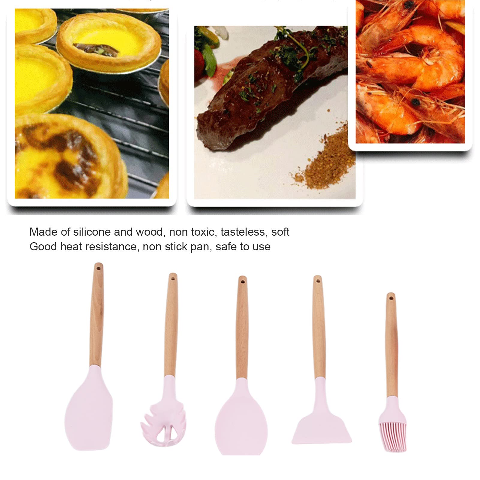 Set di Utensili in Silicone 13 Pezzi Utensili da Antiaderenti Durevoli con Manico in Legno per Casalinga e Campeggio