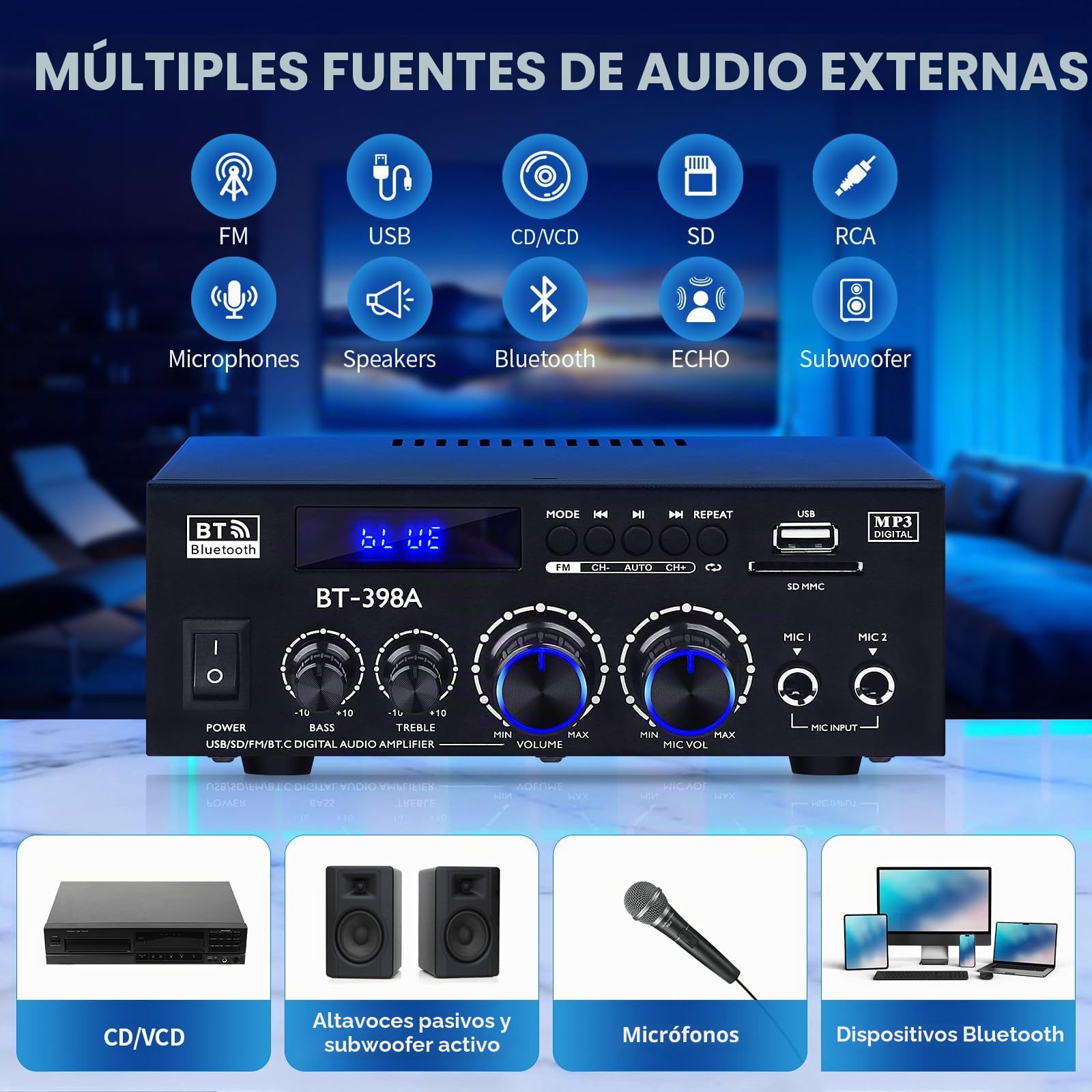 BT-398A Amplificadore Audio, Amplificadore Bluetooth 5.0 2.0 Canal 60W+60W Potencia nominal Mini Altavoces Amplificadores de Sonido Digital FM Radio USB SD Card para Home Theater Sistema de Audio