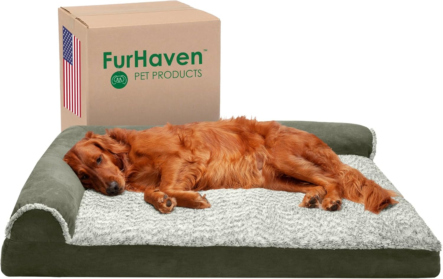 Furhaven Memory Foam Dog Bed for Large Dogs w/ Removable Bolsters & Washable Cover, For Dogs Up to 95 lbs - Two-Tone Plush Faux Fur & Suede L Shaped Chaise - Dark Sage, Jumbo/XL Memory Foam Jumbo (Two-Tone Faux Fur & Suede) Dark Sage