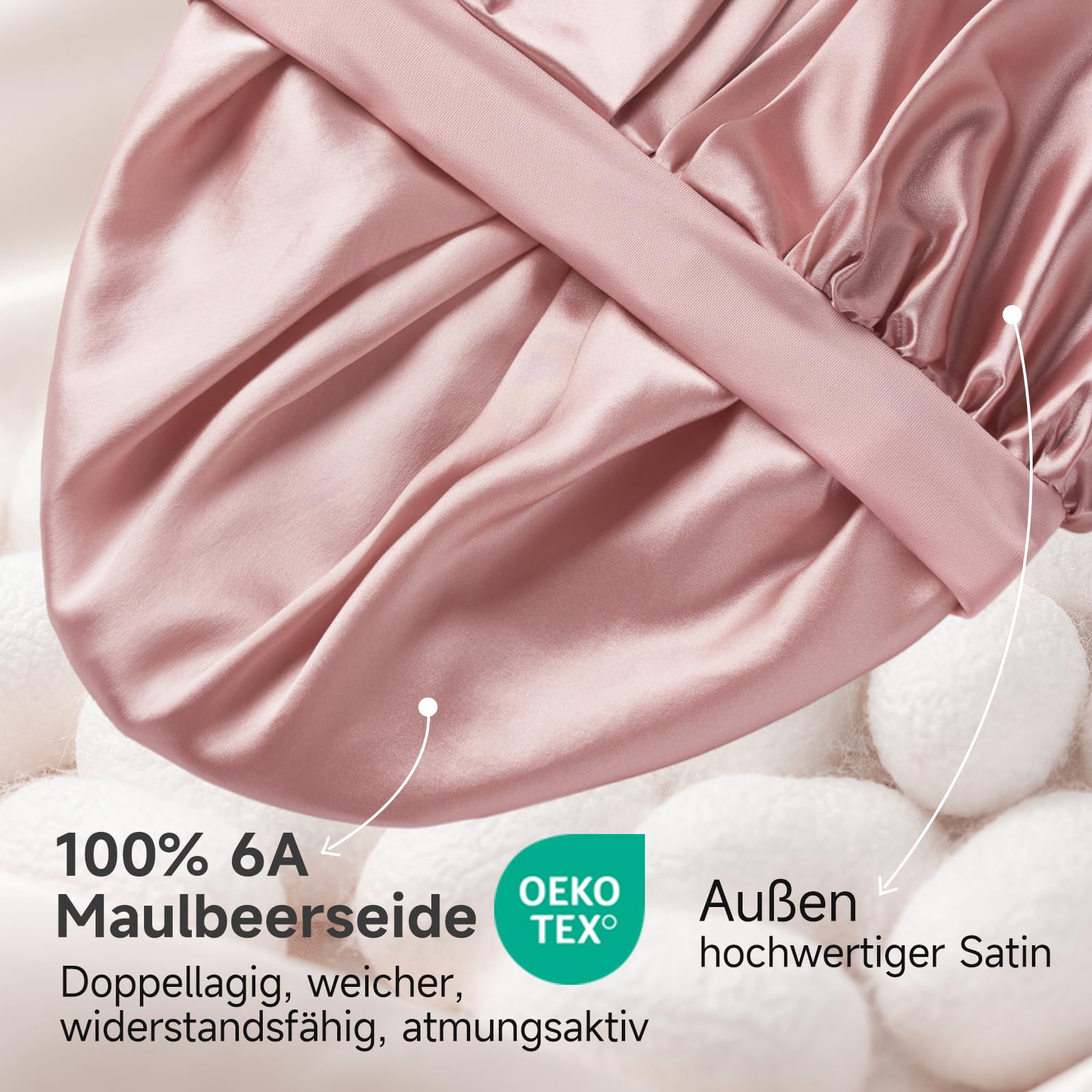 Umisleep 22 Momme Schlafhaube zum Schlafen mit Maulbeerseidenfutter, Doppelschicht Schlafmütze, Verstellbar mit Elastischem Band, rutschfest & Haarschutz für Lange und Lockige Haare, Weich, Rosa