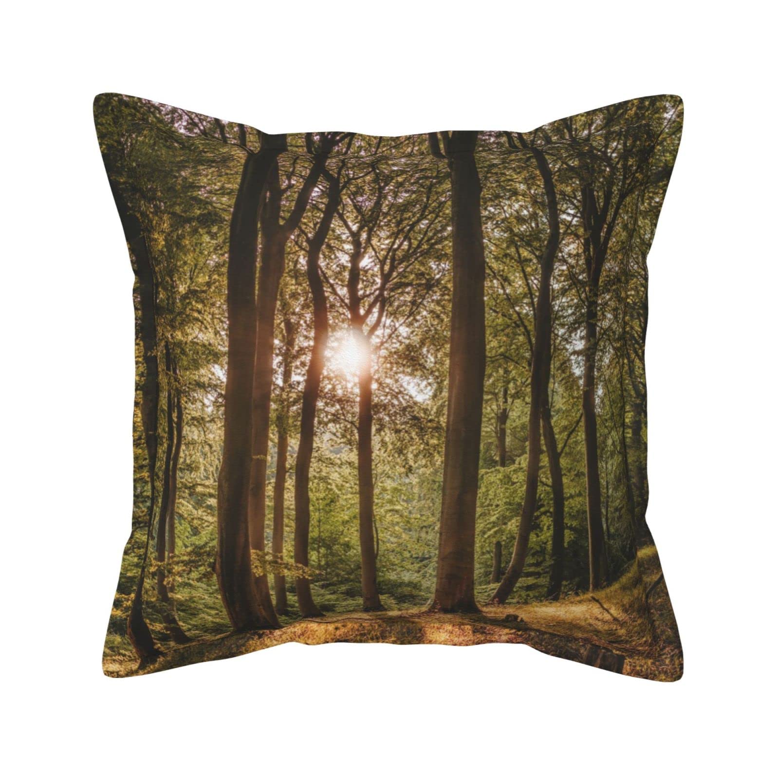 Housse de coussin carrée similicuir soleil à travers les bois