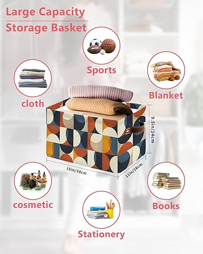 Miniatura 2 de Navy Blue Orange Beige Storage Basket for Organizing Shelves, Collapsible Storage Bins Boxes with Handle, Middle Century Modern Geometric Abstract