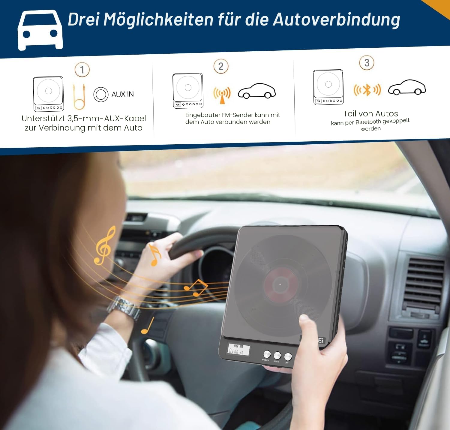 Tragbarer CD-Player Bluetooth mit Kopfhörern, Wiederaufladbarer CD Player Tragbar mit Lautsprecher und FM Transmitter 2000mAh Lithium-Akku Discman CD Players Tragbar für Erwachsene Studenten Kinder