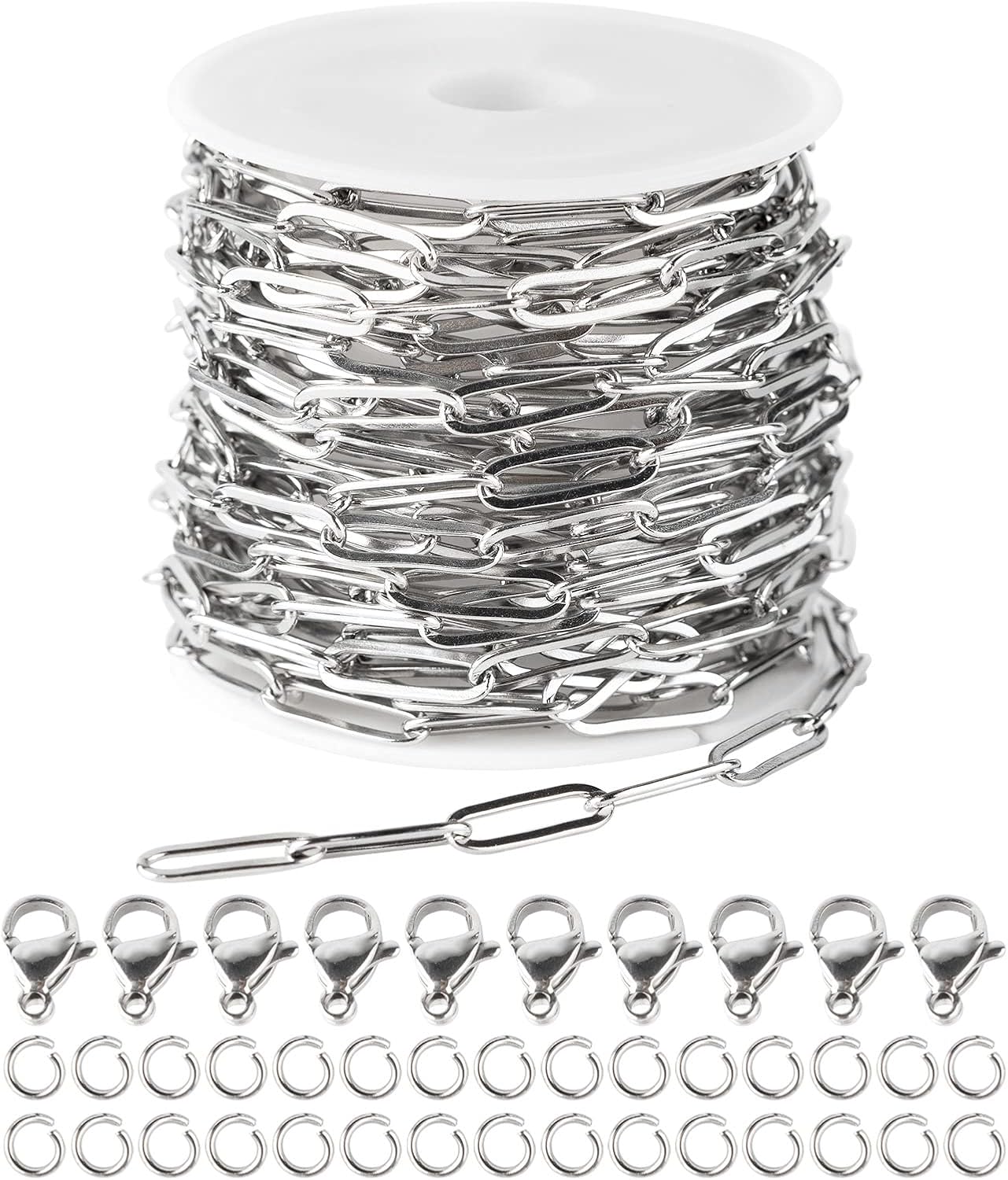YOUBEIYEE 16.4 Feet Stainless Steel Paper Clip Chains for Jewelry Making Necklaces Bracelet Anklet Oval Soldered Link Chain Bulk with Jump Rings Lobster Clasps 14mm×4.5mm