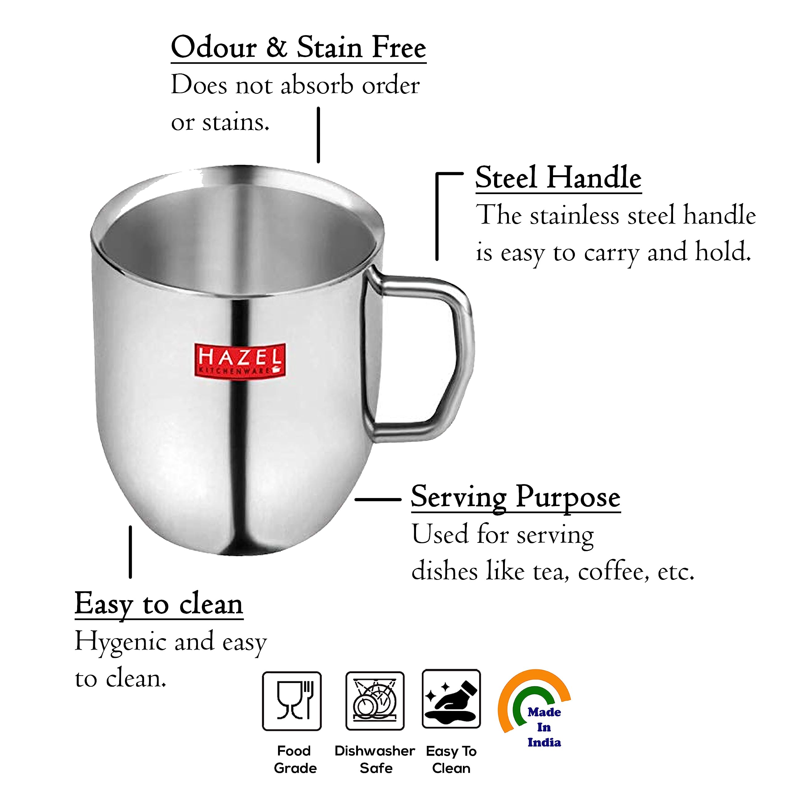 Hazel Stainless Steel Cup Set by Hazel I Tea Coffe Cup Set of 6, 300 ml Each | Steel Mugs for Coffee with Silver Glossy Finish | Unbreakable Cups for Tea, Ideal for Daily Use 1