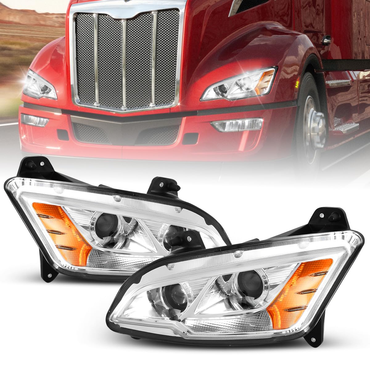 Photo 1 of Hpdmauto Fit for 2011-2023 Peterbilt 579 587 Class 8 Truck Projector Headlight Headlamp Chrome Housing Assembly (Silver Halogen, Pair)