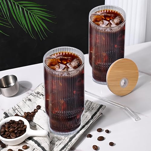 Miniatura 2 de Vasos de vidrio acanalado de 16 onzas con tapas y popotes, tazas de café helado con tapa de bambú, cristalería vintage para whisky, cóctel, cerveza,