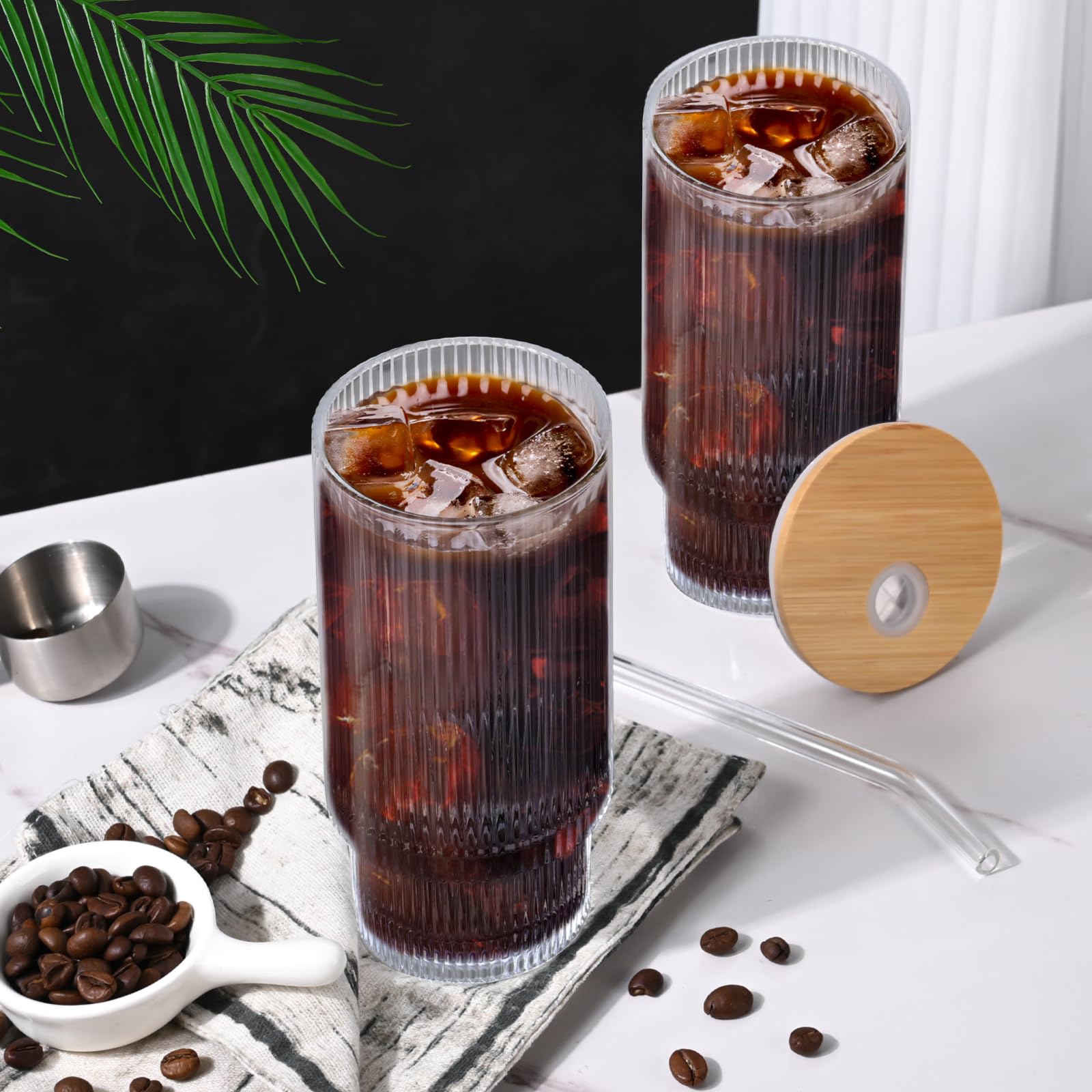 Vasos de vidrio de 16 onzas con tapas y popotes, tazas de café helado con tapa (6 vasos, 6 tapas y 6 popotes)