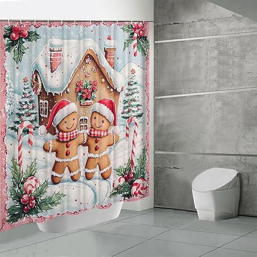 Miniatura 5 de Cortinas de ducha de Feliz Navidad para baño, 72 x 72 pulgadas, borde rosa, pan de jengibre, casa de árbol, decoración de invierno, rústico, retro,