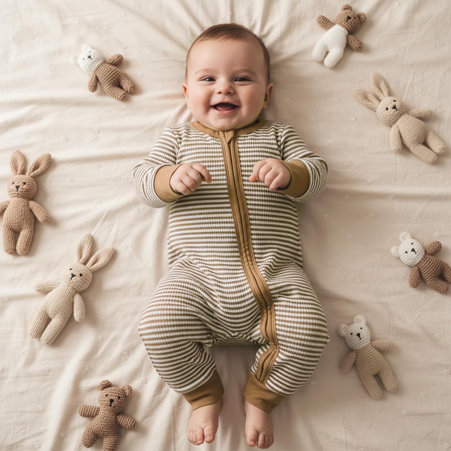 Karuedoo Newborn Infant Baby Boy Clothes Striped Waffle Long Sleeve Zipper Romper Jumpsuit One-Piece Fall Winter Outfit - Image 2