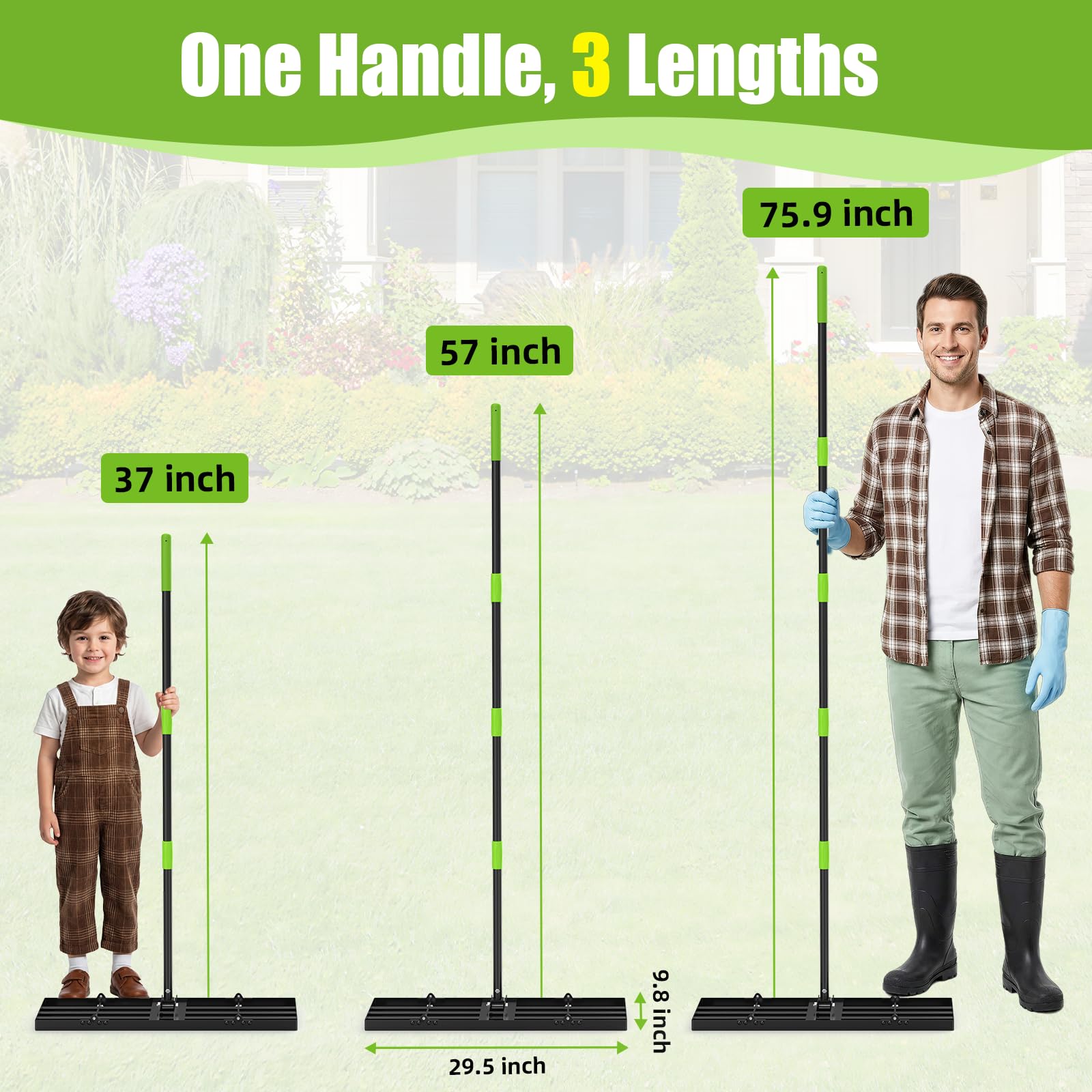 GARDTECH Rasenrakel 75x25 cm | Nivellierrechen aus Edelstahl mit Anti-Kipp-Design | 195 cm Verstellbarer Stiel für Rasen, Erde, Sand, Topdressing | Rasenrechen für Garten, Golfplatz