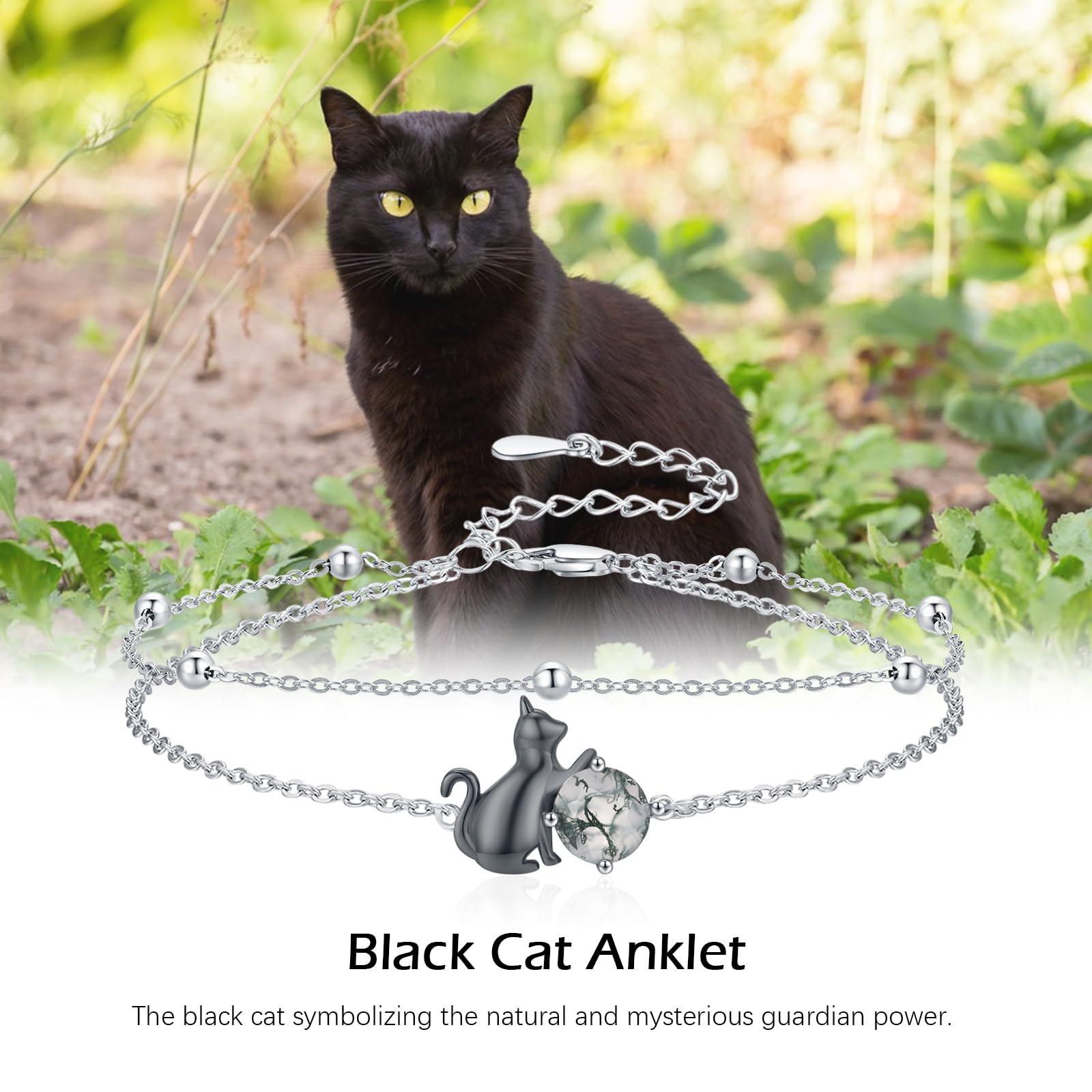 Cavigliera da donna in argento Sterling 925, con gatto nero, agata muschiata, cavigliera alla moda, regalo per gli amanti dei gatti