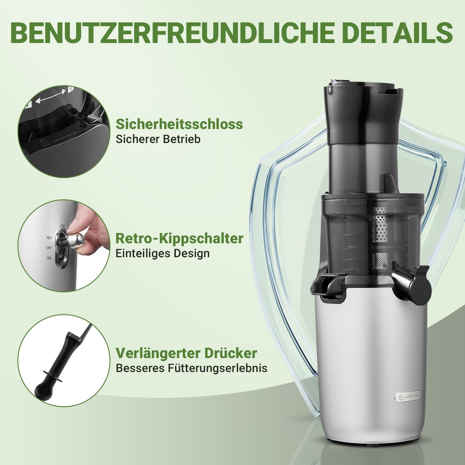 AMZCHEF Extracteur De Jus Pour Fruits Entiers 80MM - Centrifugeuse Sans BPA 200W Avec Tarière Améliorée, Filtre Double Couche, Moteur Silencieux - Gris