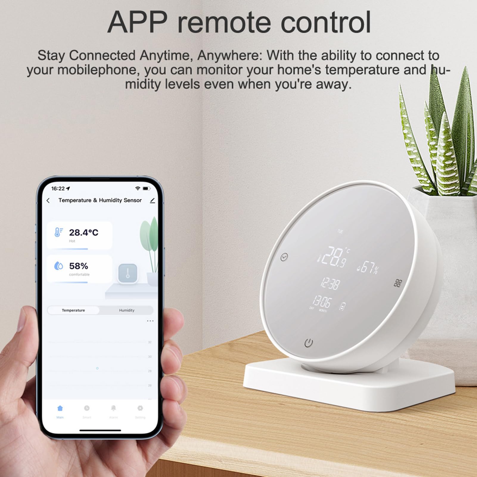 Aoresac Higrotermógrafo Doméstico, Detector de Temperatura y Humedad Recargable por USB, Pantalla LCD, Conexión Bluetooth, Funciona con Batería y Base de Recarga