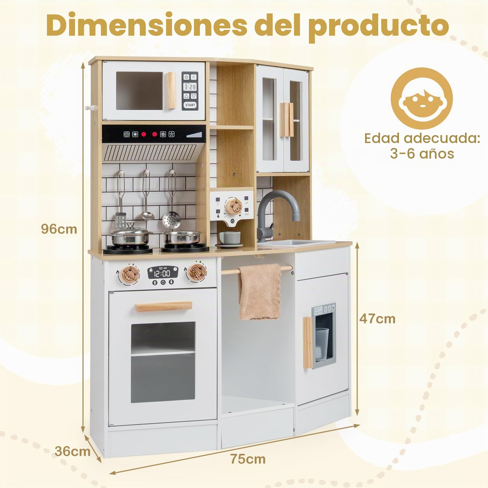 FANTASK Cocina de Juguete de Madera con luz y Sonido, Accesorios de 10 Piezas, Estufa/Fregadero/Horno y electrodomésticos múltiples, Cocina Infantil a Partir de 3 años (Blanco)