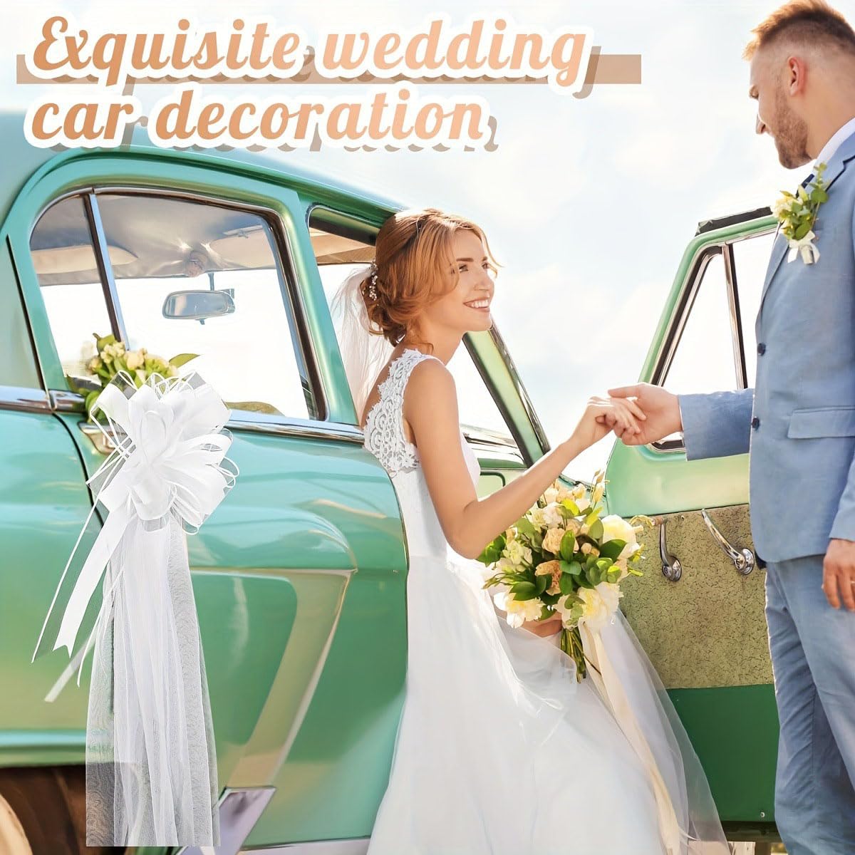 12er-Set Hochzeitsschleifen mit Tüllschwänzen, Autoschleifen Hochzeit Stuhlschleife, Geschenkschleifen Ziehschleifen mit Tüll Dekoschleifen Große Tüllschleifen für Hochzeitsgang Deko Kirche