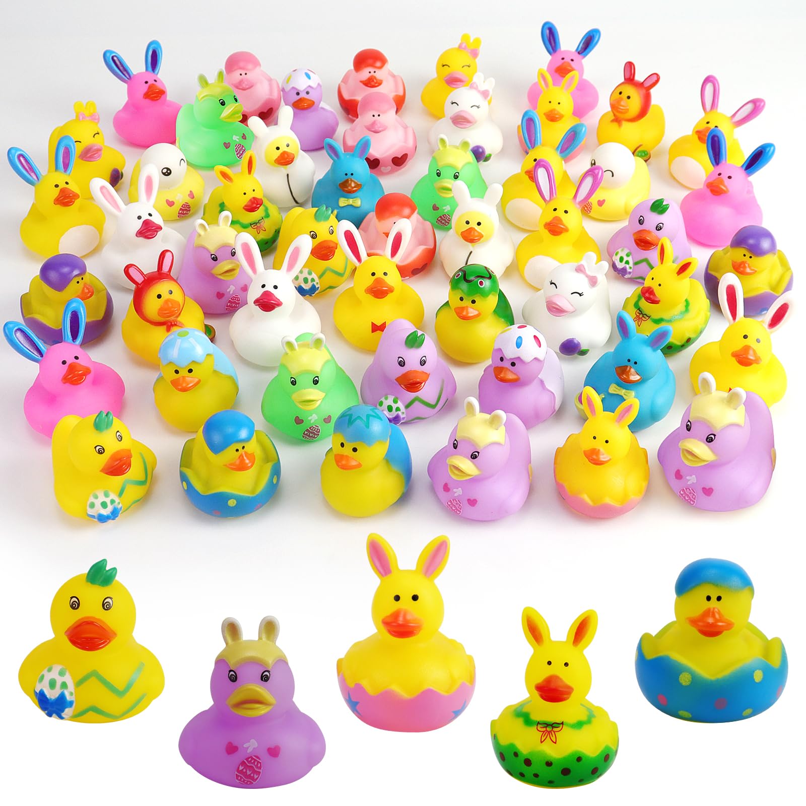 50Pcs Easter Rubber Ducks, Mini 2.1 Inch Bunny Rubber Duckies Bath Toys for Kids, Assorted Float Duck Bulk for Fun Bathtub Duck Toys, Easter Basket