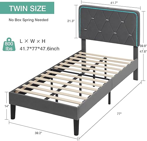 Miniatura 16 de VECELO - Marco tapizado con cabecera ajustable, individual, plataforma de terciopelo con led, estación de carga, base de colchón con listones de