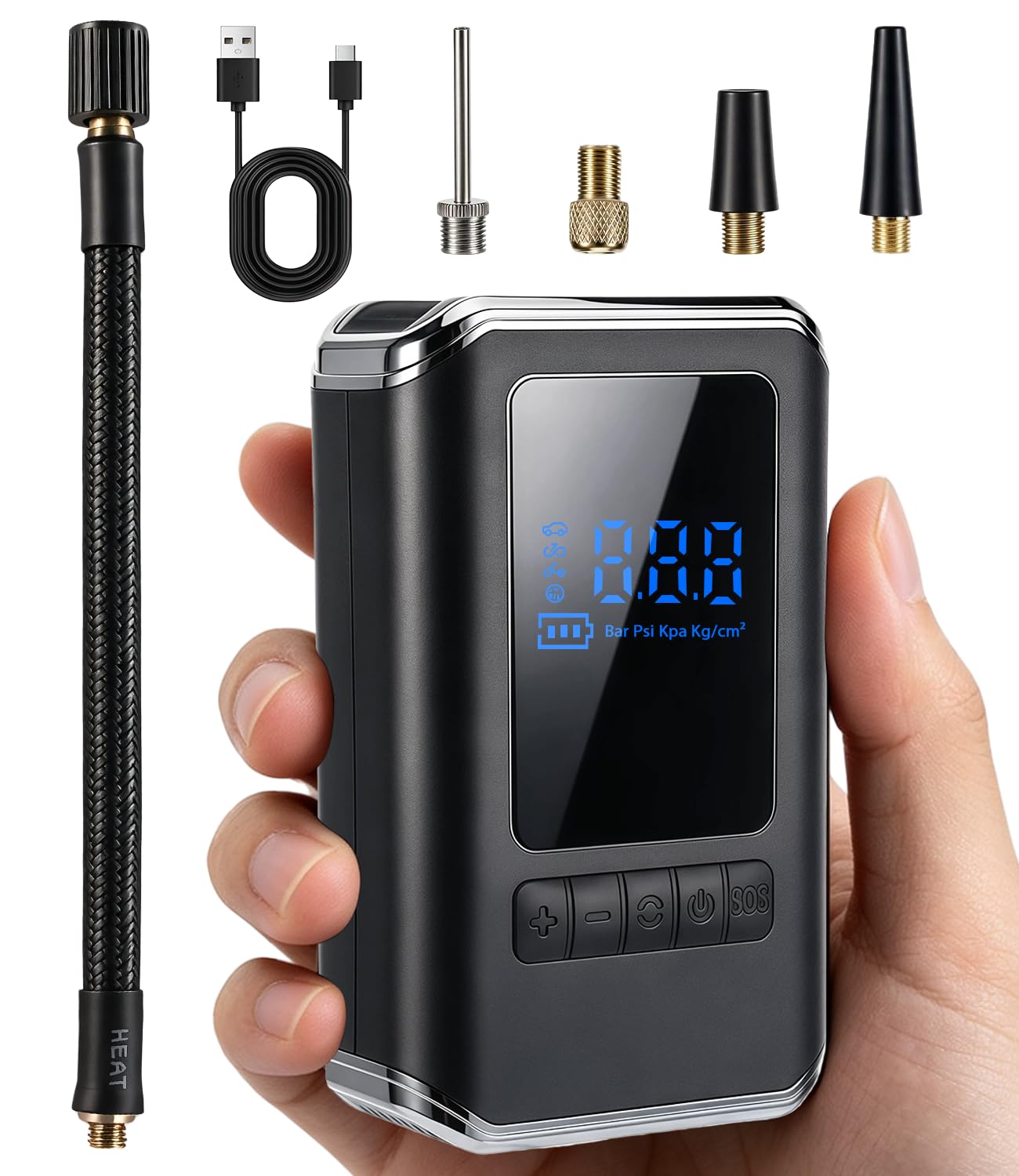 Mini pompe à vélo électrique, 130 psi, avec débit d'air maximal de 30 l/min, batterie USB-C (4000 mAh), arrêt automatique, manomètre, idéale pour vélo de route, VTT, moto avec valves Presta/Schrader