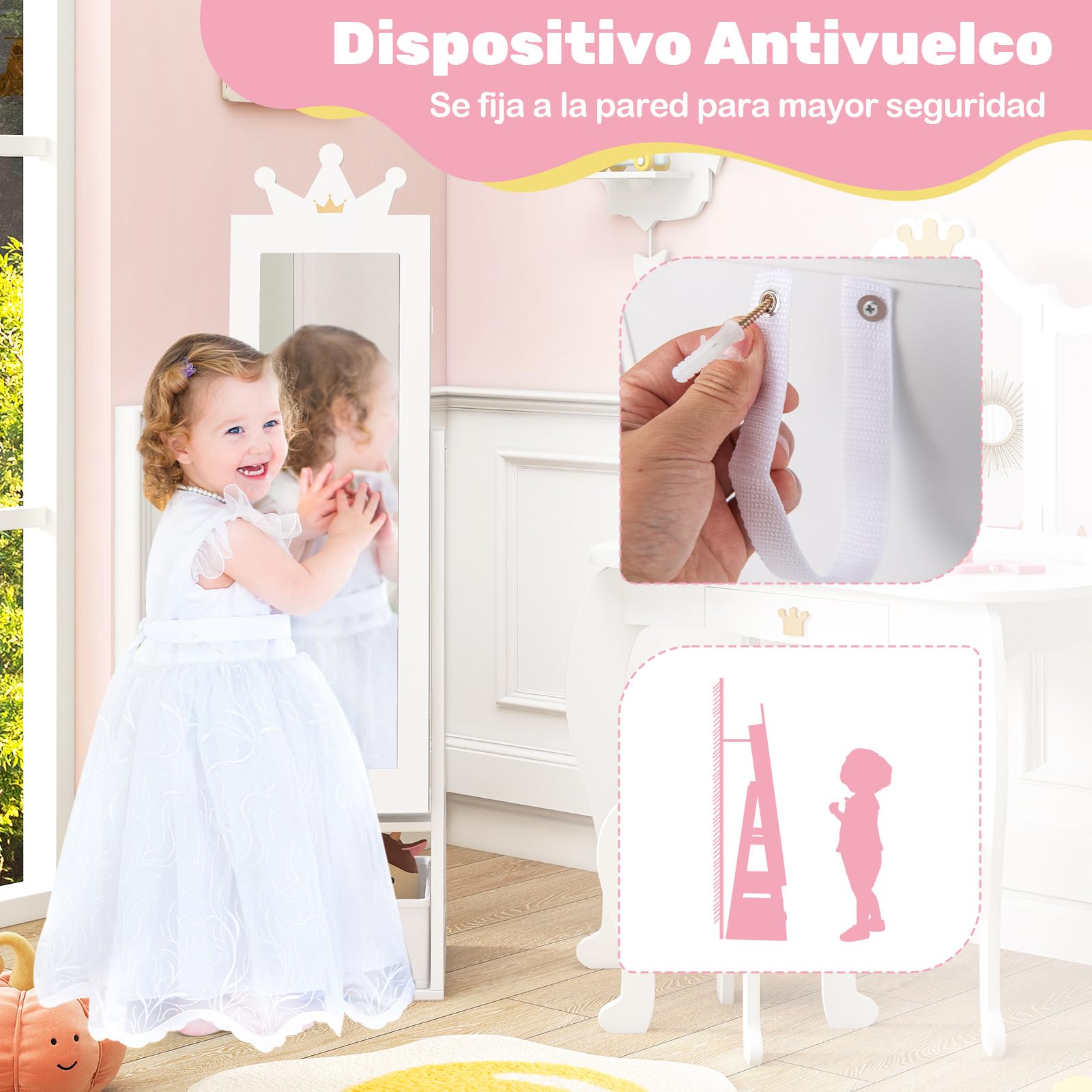 COSTWAY Armario de Joyería para Niñas con Espejo, Espejo Joyero de Cuerpo Completo con Gran Capacidad de Almacenamiento, Armario para Joyas Infantil con Ganchos, Estantes y Cajón (Blanco)
