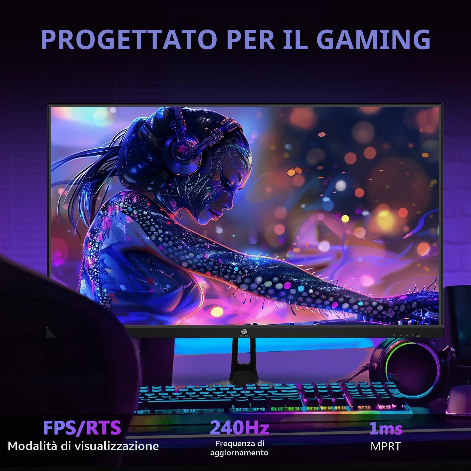 Z-Edge Monitor Gaming 27'' 240 Hz, IPS, 1ms, Schermo PC Gaming FHD 1080P Con HDMI Cavo, FreeSync, 400cd/m², 2*HDMI2.0 & 2*DP1.4, Inclinazione Regolabile, Cornice Ultra Sottile, Montabile VESA 100*100