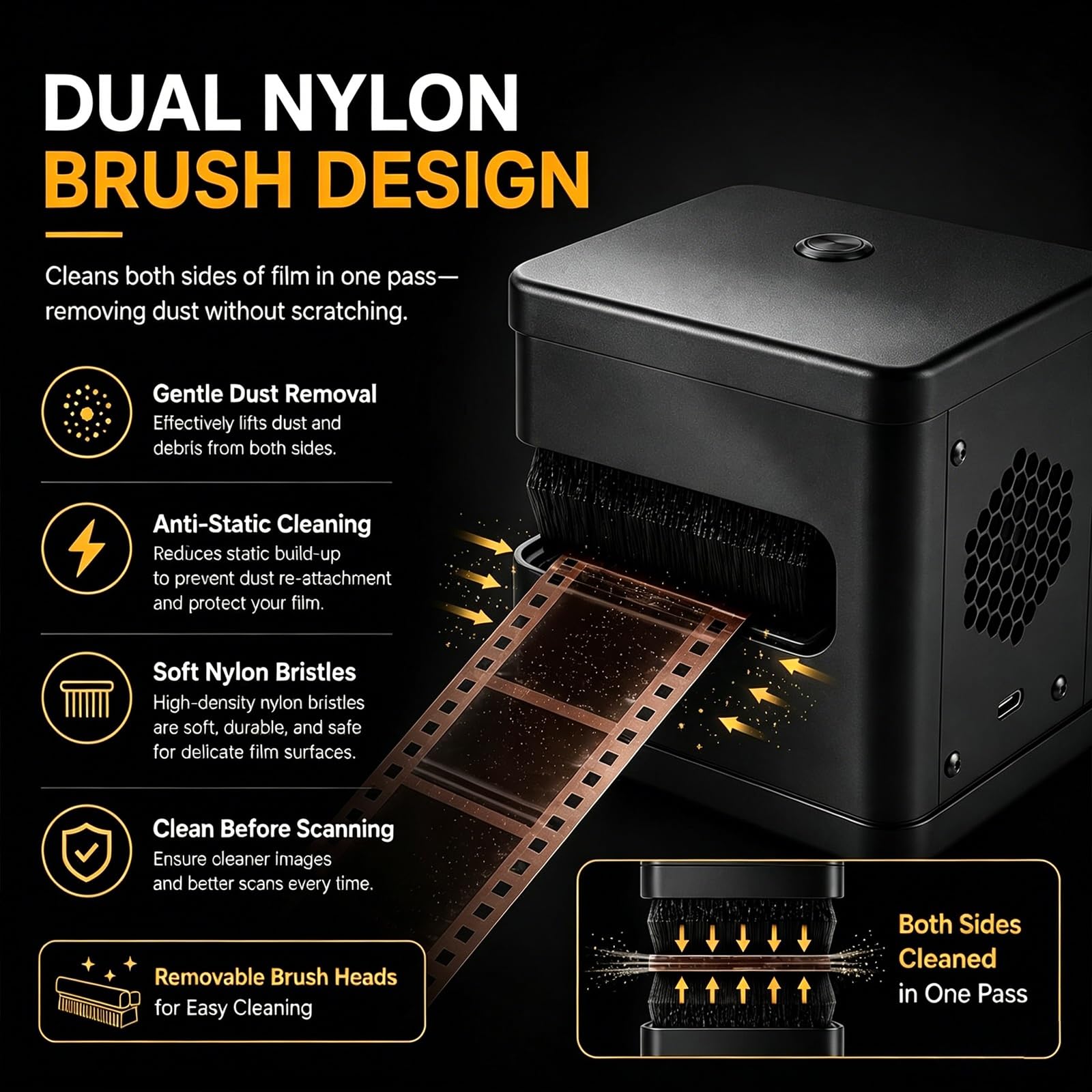 Limpiador eléctrico antiestático para Negativos, Cepillo motorizado con 8 Filas de cerdas de Nailon extraíbles de Doble Cara, para copiado y Archivo Digital de Negativos de 35 mm, 120 y 4x5(Silver)