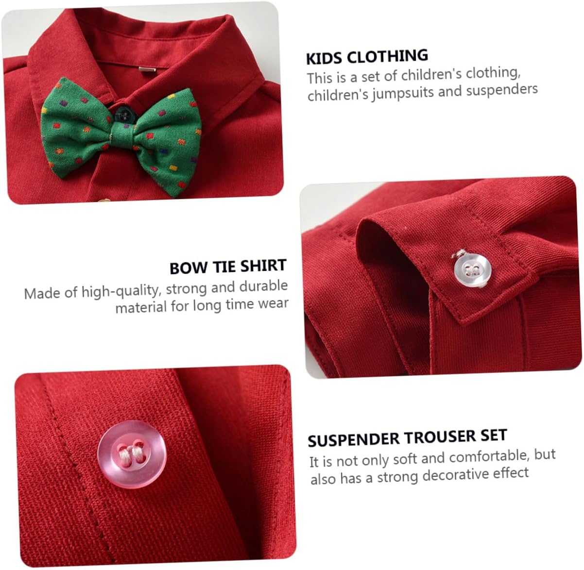 Christmas Suit Set for Boys – Long Sleeve Bow Tie Shirt with Red Suspender Trousers, Festival Outfit for 120cm Height, Holiday Party Clothing Set