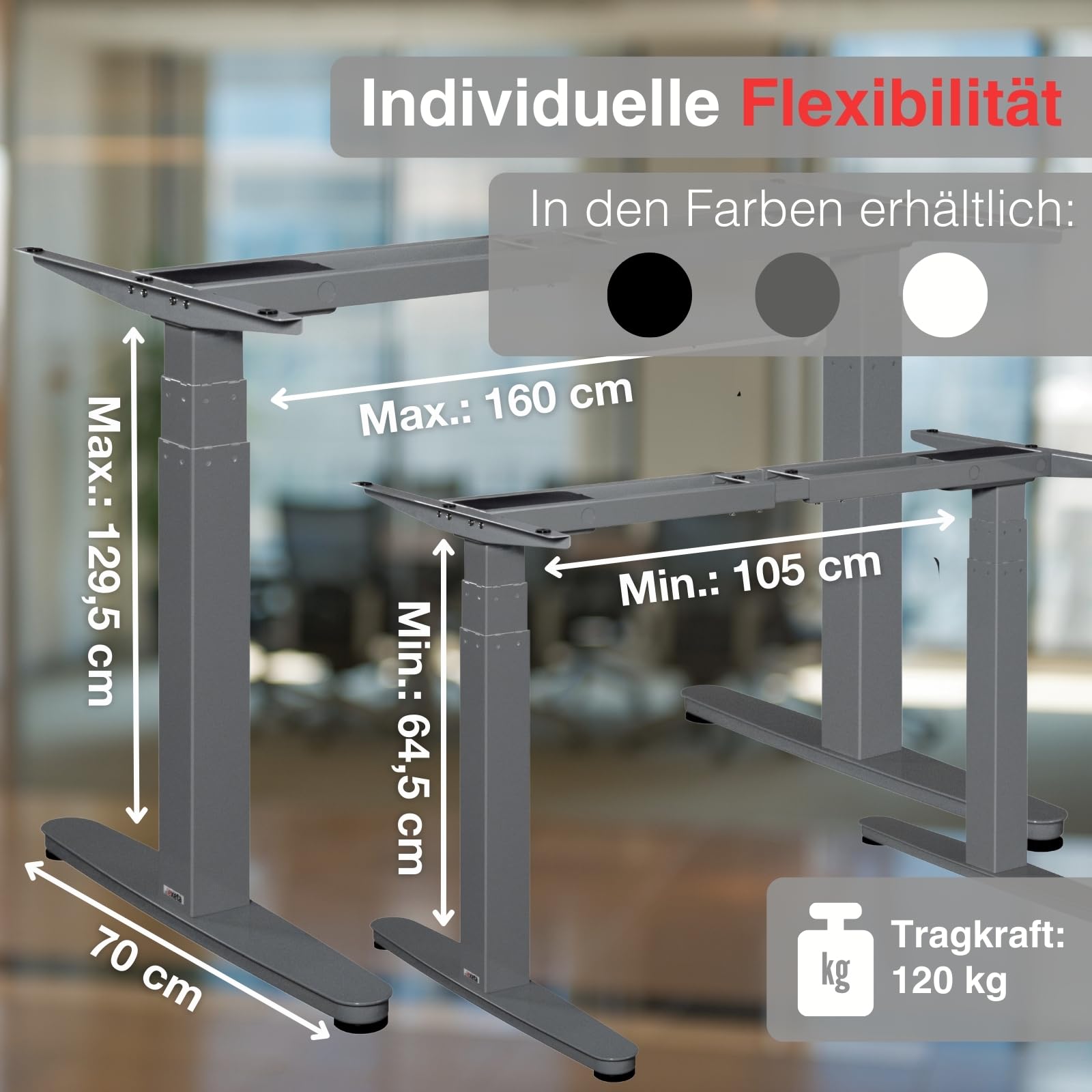 ergoSmart höhenverstellbarer Schreibtisch Gestell elektrisch 64,5-129,5cm in grau I Schreibtischgestell höhenverstellbar mit 2 Motoren I Tisch höhenverstellbar mit 3-Fach-Teleskop