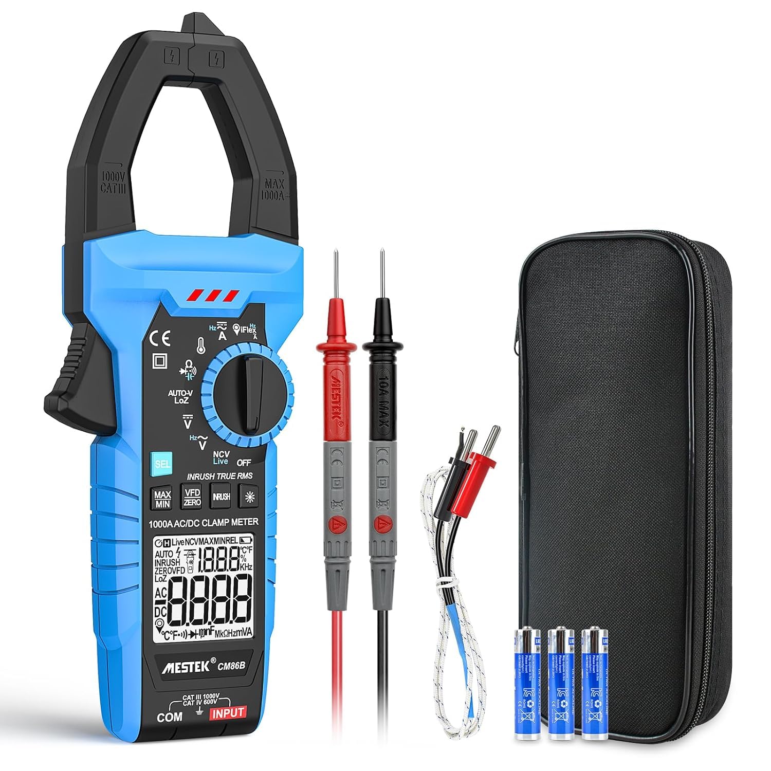 Pinza Amperimétrica 1000A CA/CC Amperímetro MESTEK InRush Clamp Meter T-RMS Medir Corriente Tensión Temperatura Resistencia Condensadores Frecuencia con Modo VFD, LOZ 6.000 Conteos