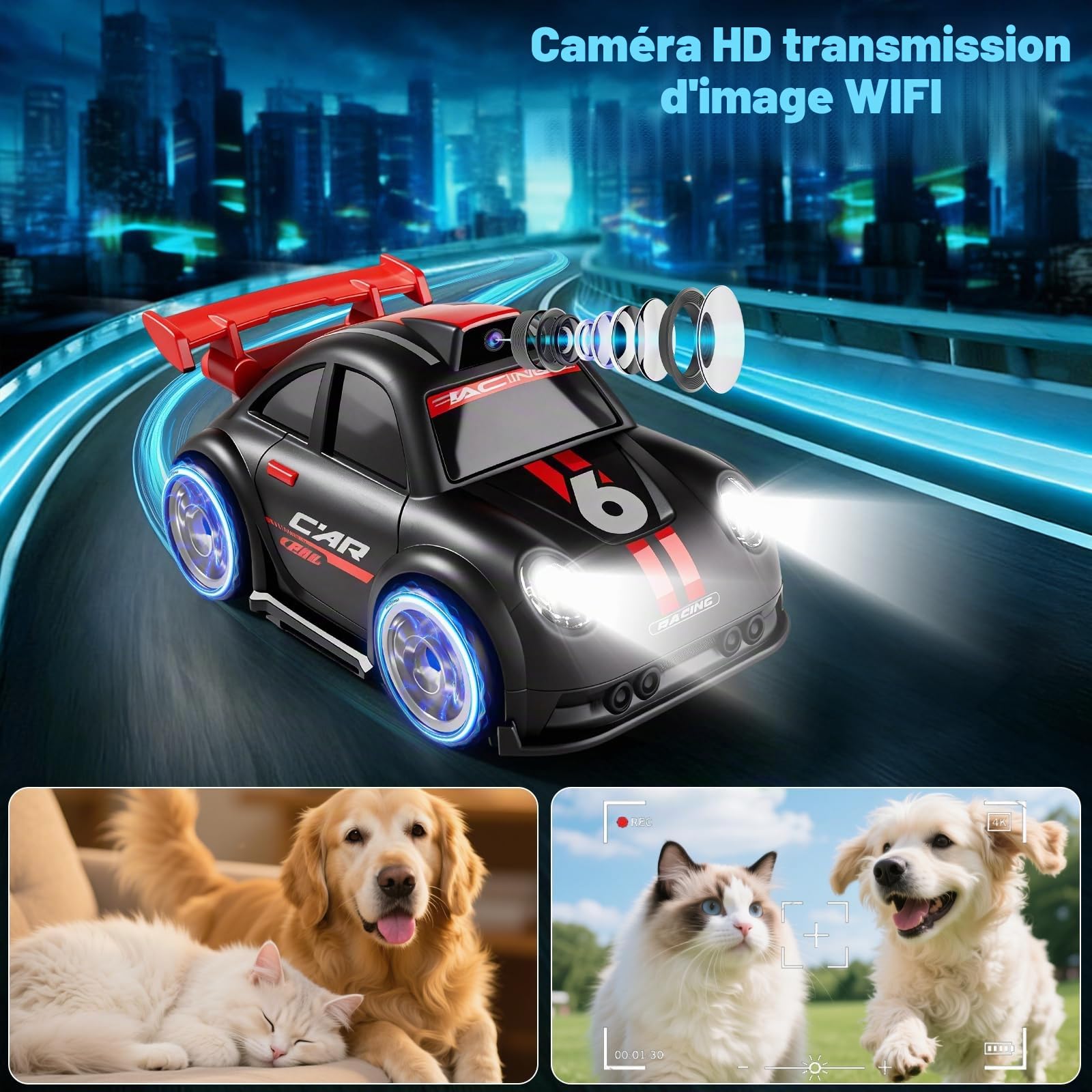 Voiture Télécommandée avec Caméra, RC Electrique Drift Truck avec écran de 2,4 Pouces, Photo en Direct/Vidéo, 2 Vitesses, Mode de Suivi, Démonstration Automatique